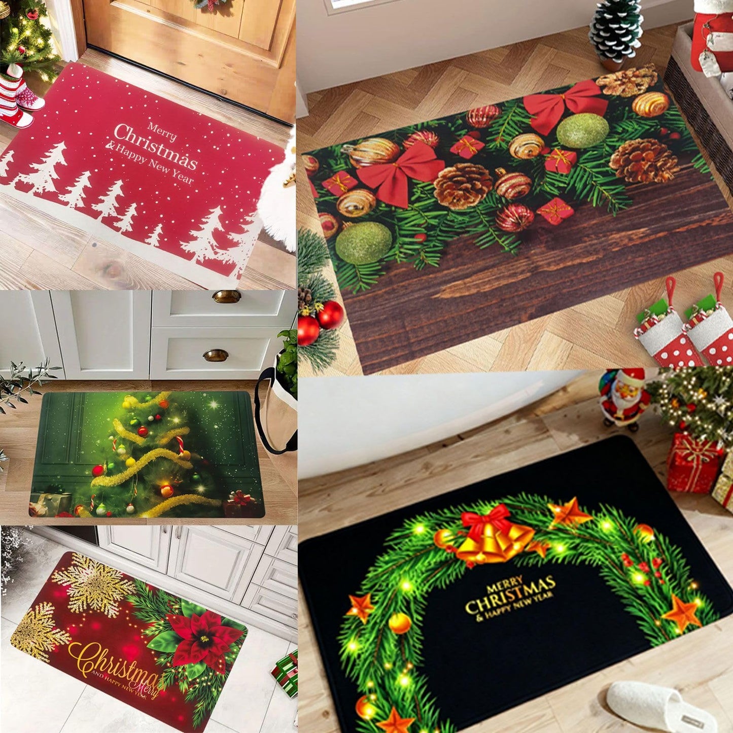 Christmas Door Mat 17x30 Inches, Non-Slip Silicone Holiday Floor Mat with Festive Design for Indoor & Outdoor, Washable Kitchen Bathroom Entryway Mat