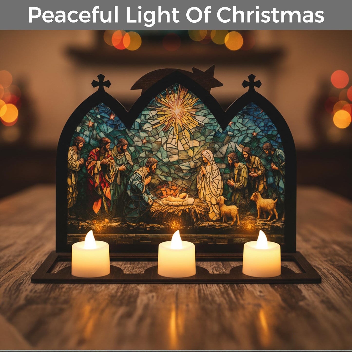 DINIZON Wooden Nativity Set, Wood Christmas Nativity Scene Set, Miniature Holy Family Figurines, Table Top Boho Christmas Jesus Decorations for Indoor Mantel Display, Miracle In A Manger Gift (Candle Holder)