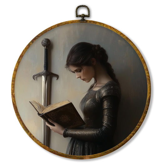 Hiuwevt Vintage Moody Knight Woman Reading Book Round Wall Art Decor, Retro Dark Academia Framed Canvas Prints, Gothic Bookish Round Wall Hanging Decor for Bedroom Home Decorations, 10x10 Inches