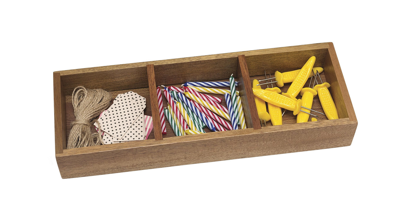 Lipper International Acacia Wood Drawer and Desk Organizer Tray for Office Supplies or Household and Kitchen Items, 3 Compartments, 11 5/8" x 4 1/8" x 1 3/4”