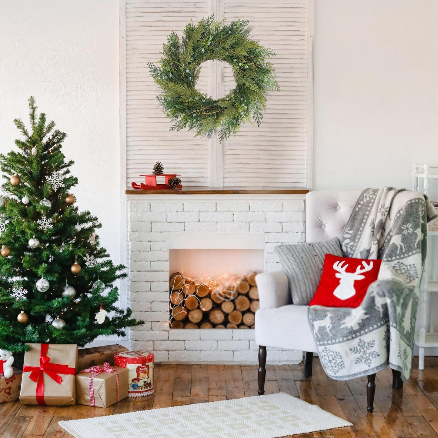 BINFEN 20” Green Faux Pine Christmas Winter Wreath with Cypress Cone, Twig & White Berry – Mixed with Real Look Fake Cedar & Spruce, Xmas Wreaths for Front Door Porch Mantel & Fireplace