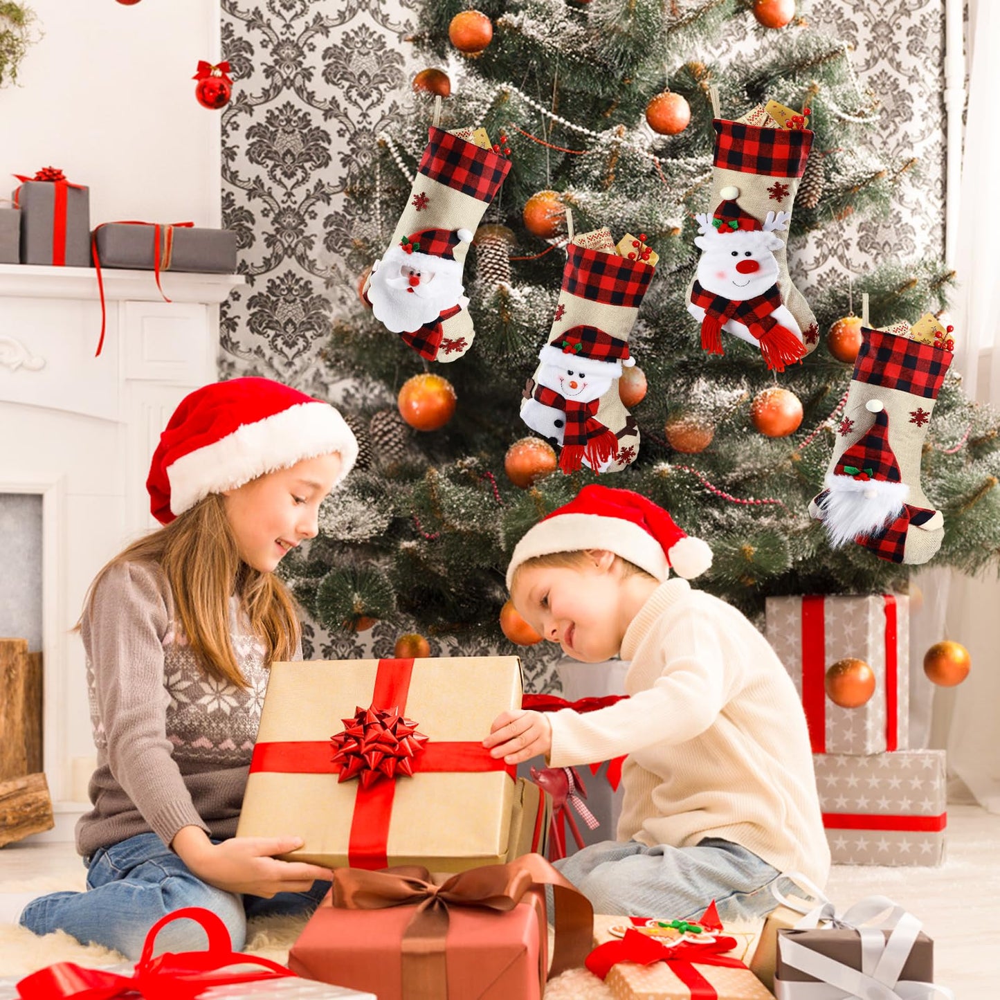 Bemaystar Christmas Stockings - 18.5" Burlap Plaid Christmas Stocking Xmas Hanging Stockings Holiday for Kids Christmas Tree Fireplace Family Party Decor - Deer