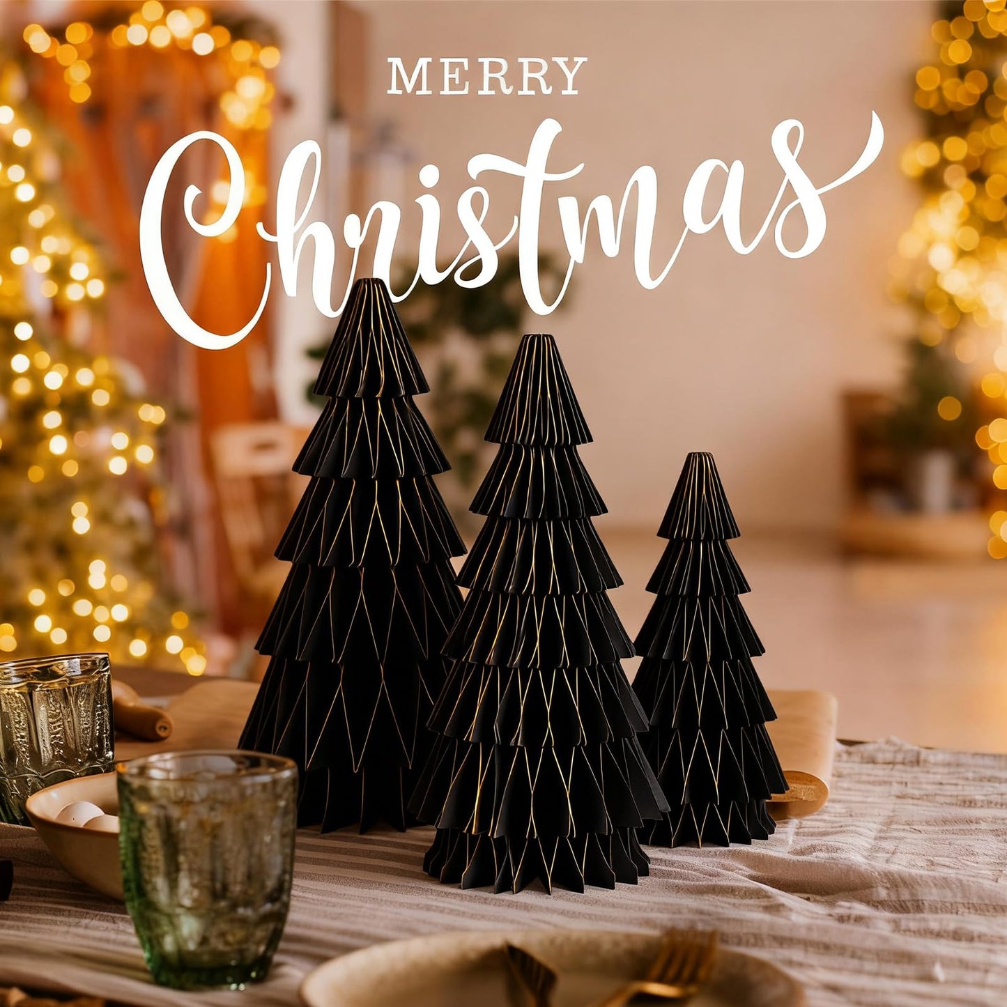 SUNBEAUTY 3PCS Black and Gold Honeycomb Paper Christmas Tree, 3D Christmas Tree Table Centerpiece with Magnetic Attachment,Christmas Winter Newyear Party Holiday Home Decor