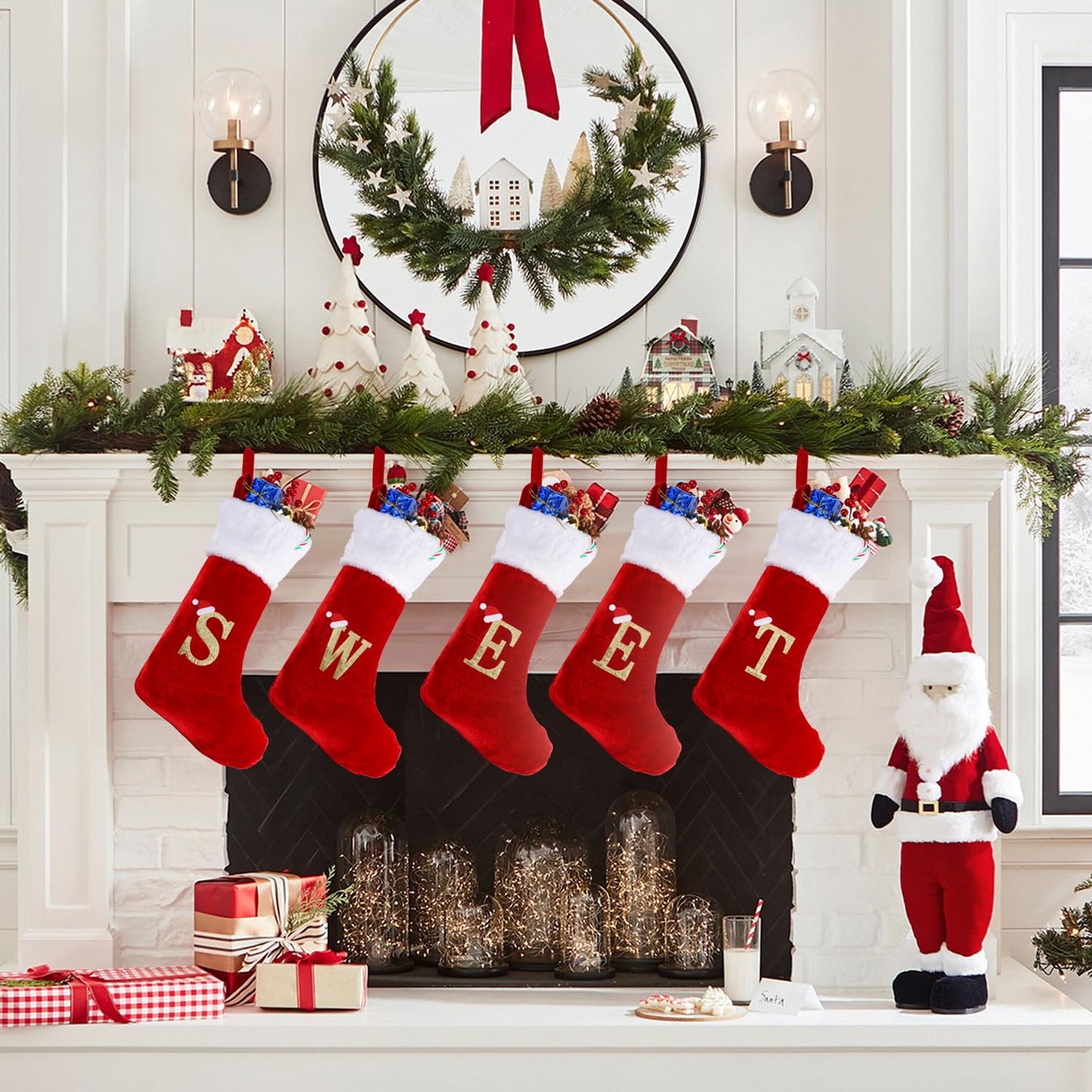 Sailup 20 Inches Monogram Christmas Stockings with Letters, Large Super Soft Christmas Stockings Red Velvet with White Super Soft Plush Cuff for Christmas Xmas Tree Holiday Fireplace (R)