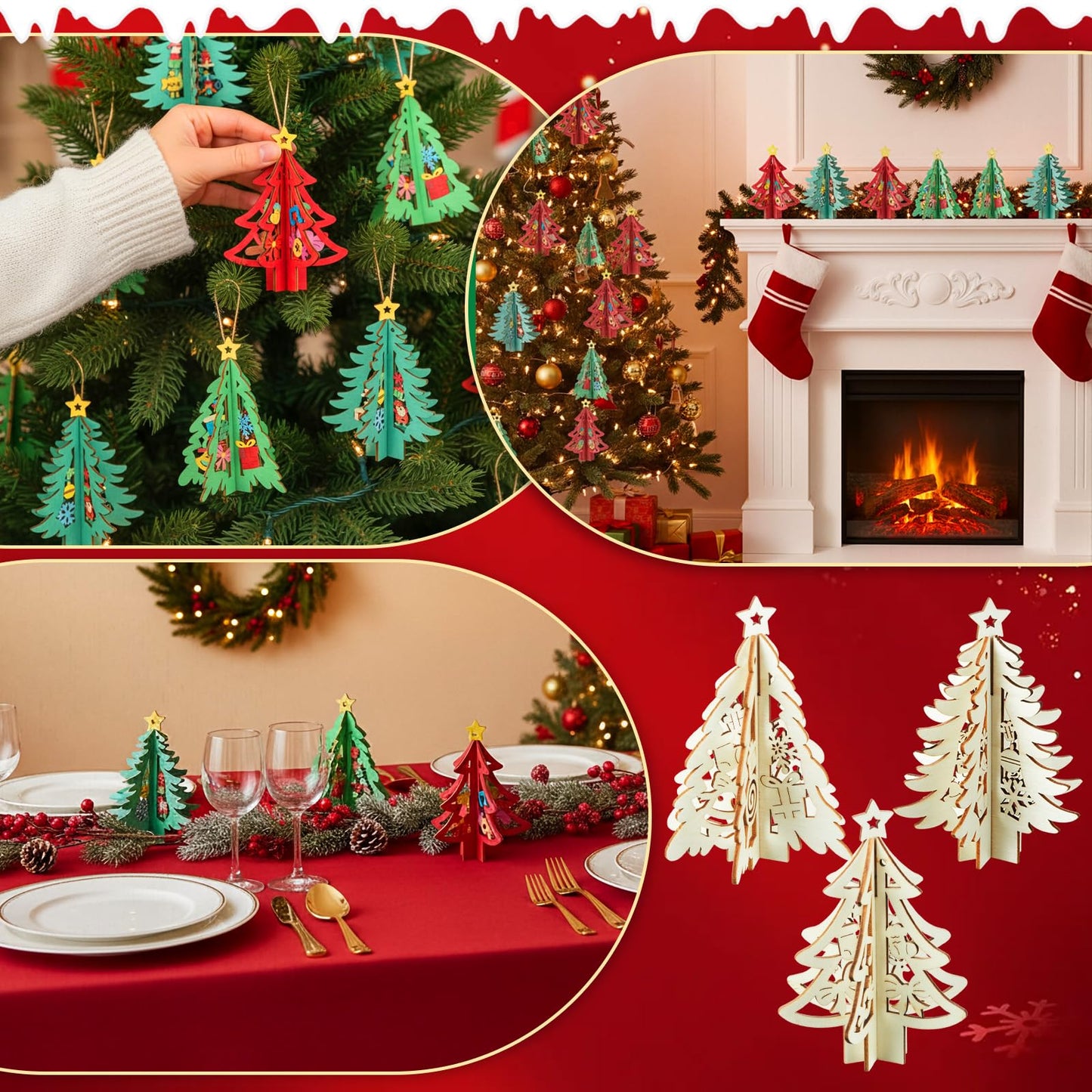 Chunful 72 Pcs Christmas Tree Wooden Crafts DIY 3D Christmas Tree Signs Xmas Unfinished Wood Cutouts Crafts Ornaments Hollow Wooden Slices Hanging Decoration for Xmas Holiday Tabletop Gifts