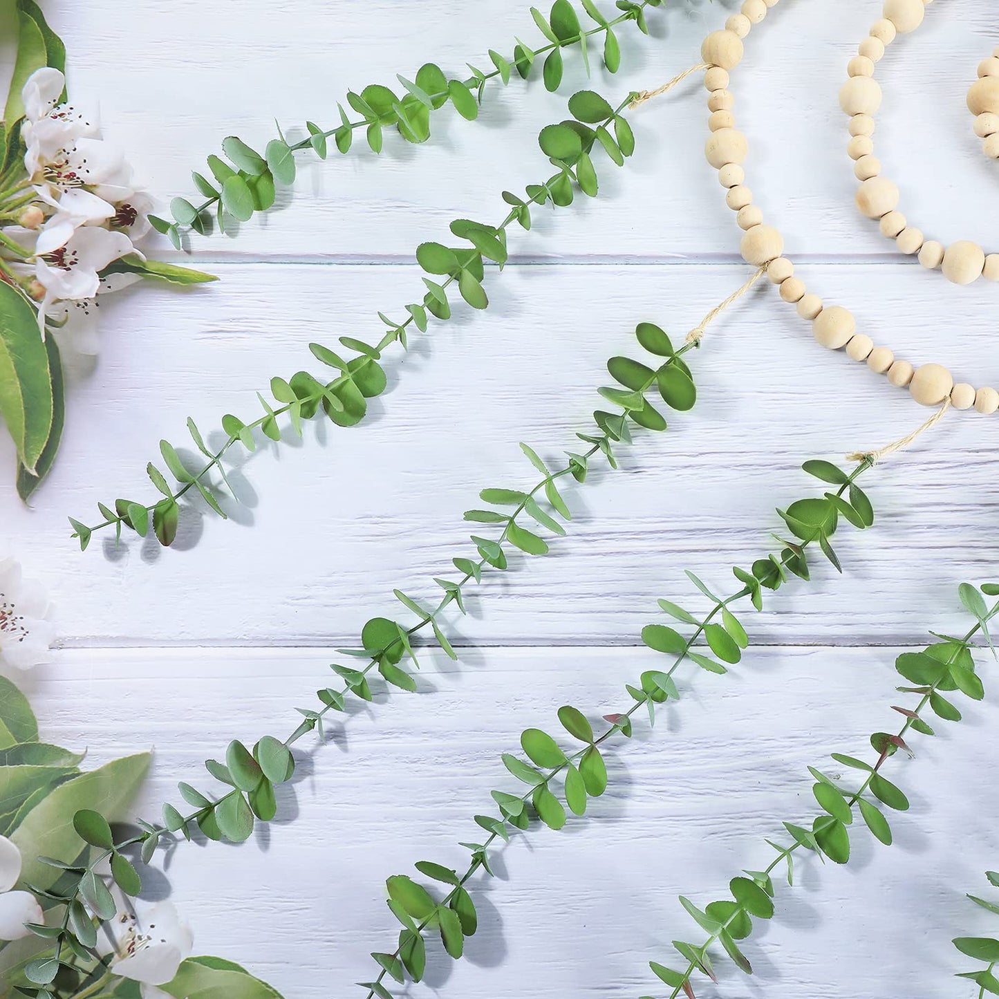 Hanging Eucalyptus Boho Wall Decor Large Boho Bedroom Wall Hanging Wooden Bead Garland Artificial Eucalyptus Natural Greenery Decoration, 36 x 36 Inch