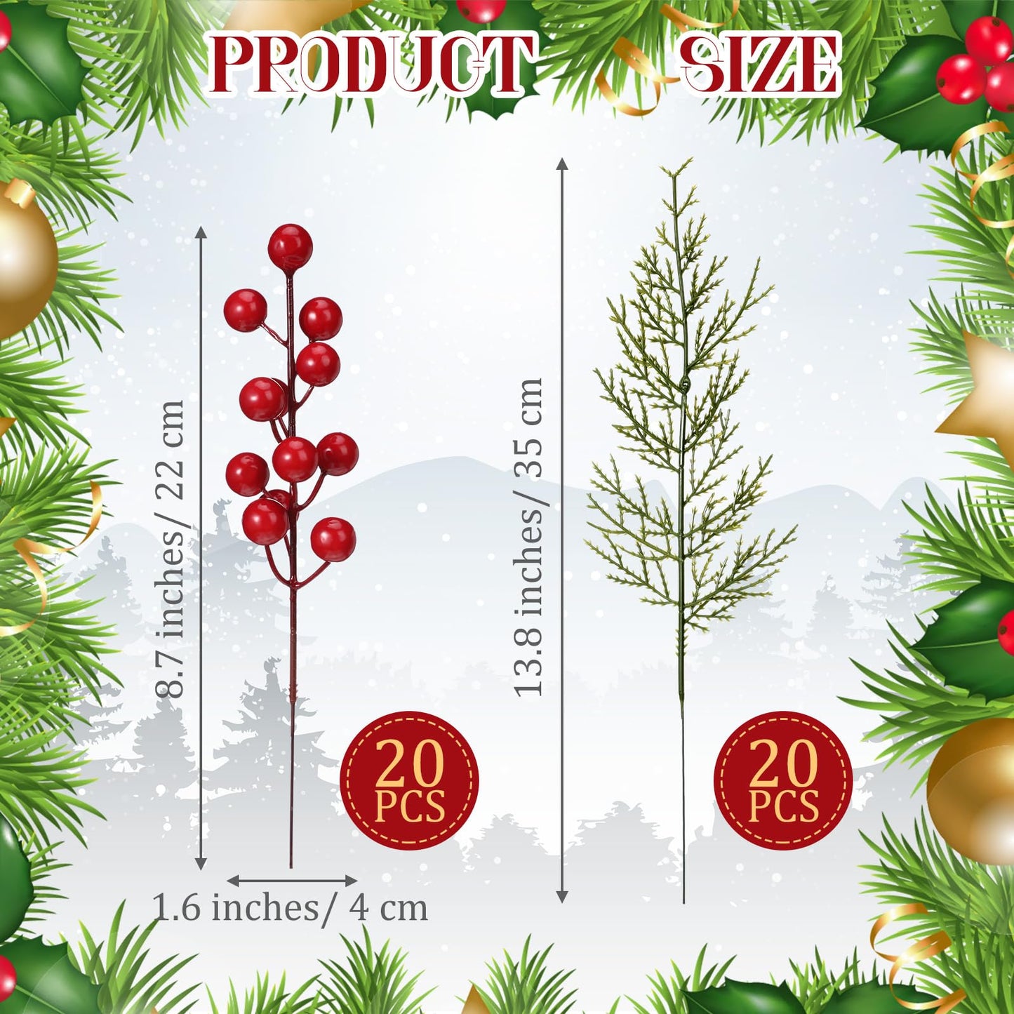 Norme 40 Pcs Christmas Floral Picks Christmas Greenery for DIY Gift Wrapping Plants Red Berry Pine Branches Artificial Picks and Sprays Stems Pine Sprigs for Crafts Wreath Garland Decor(Classic Style)