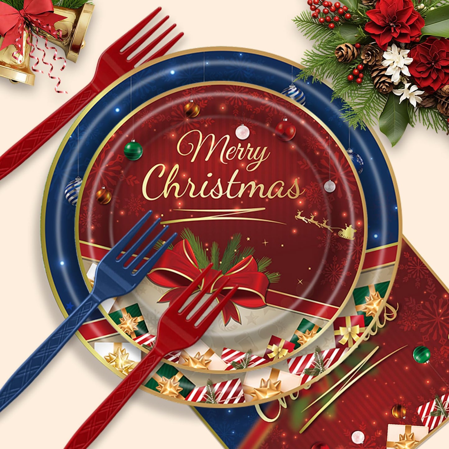 AWLZJZQA 122 PCS Christmas Party Supplies Serve 24 Guests Merry Christmas Plates and Napkins Party Decorations Disposable Dinnerware Set Decor Red and Blue