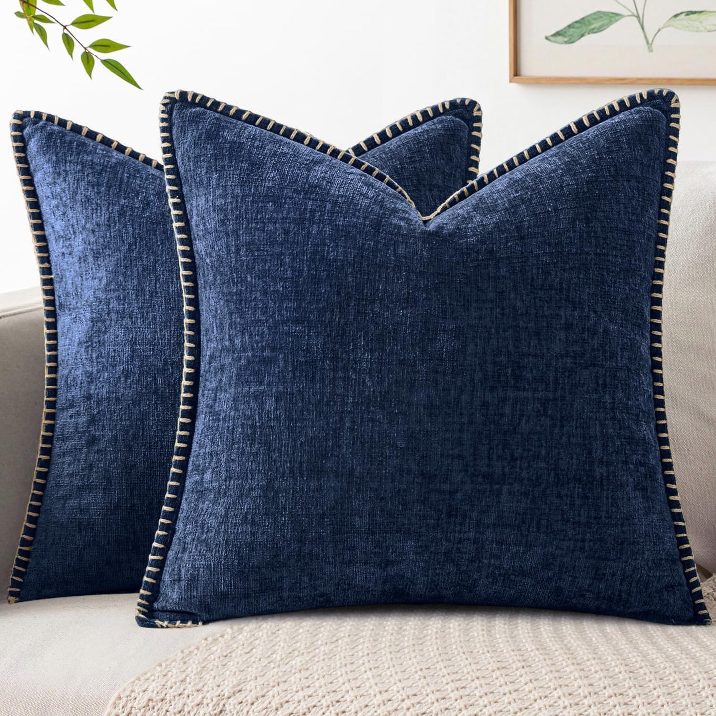 MIULEE Pack of 2 Couch Throw Pillow Covers 18x18 Inch Navy Farmhouse Decorative Pillow Covers with Stitched Edge Soft Chenille Solid Dyed Pillow Covers for Sofa Bed Living Room