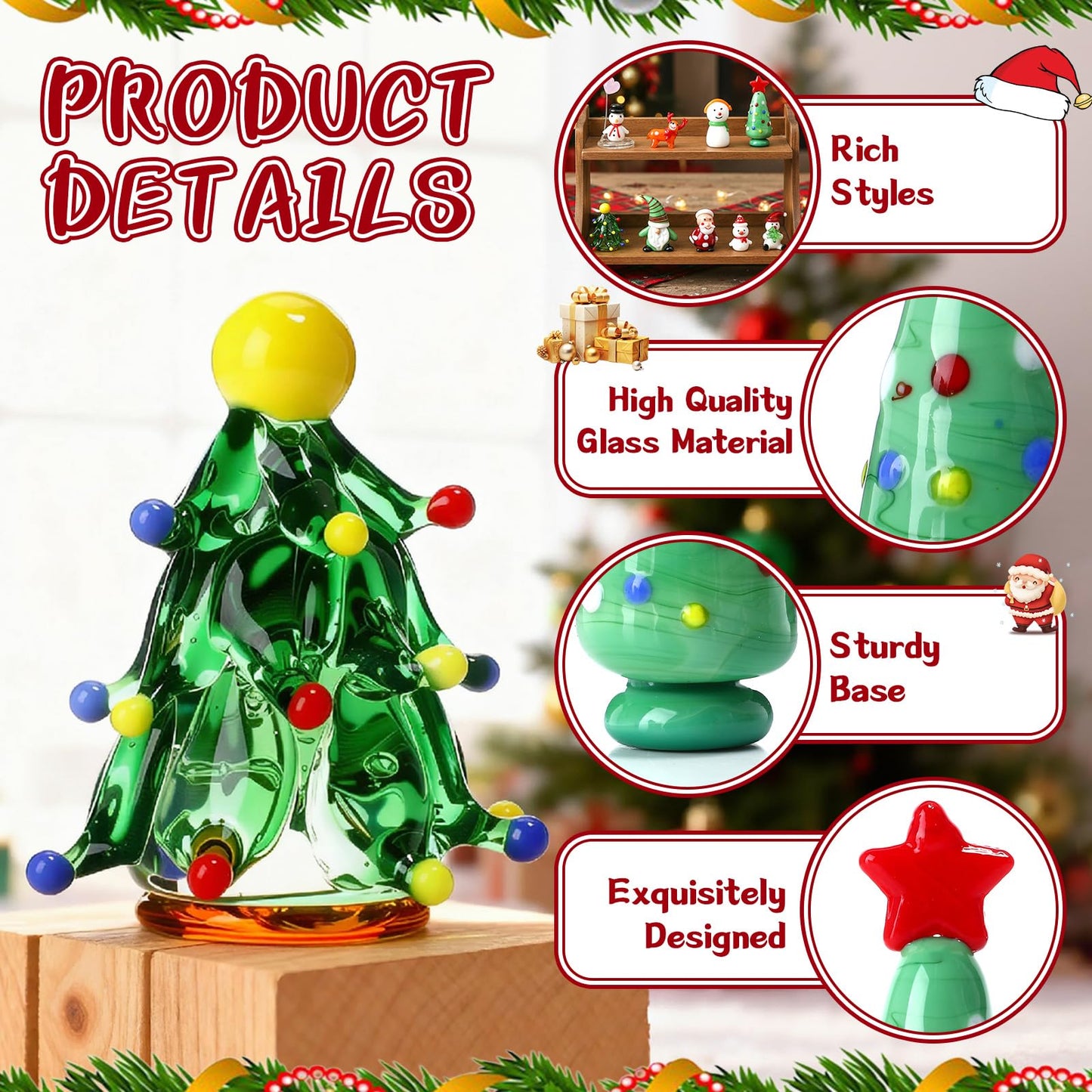 BrightRow 9 Pcs Blown Glass Christmas Tree Mini Christmas Figurines Sets Include Snowman Gnomes Reindeer Santa Claus Miniature Holiday Ornaments for Tabletop Home Decorations