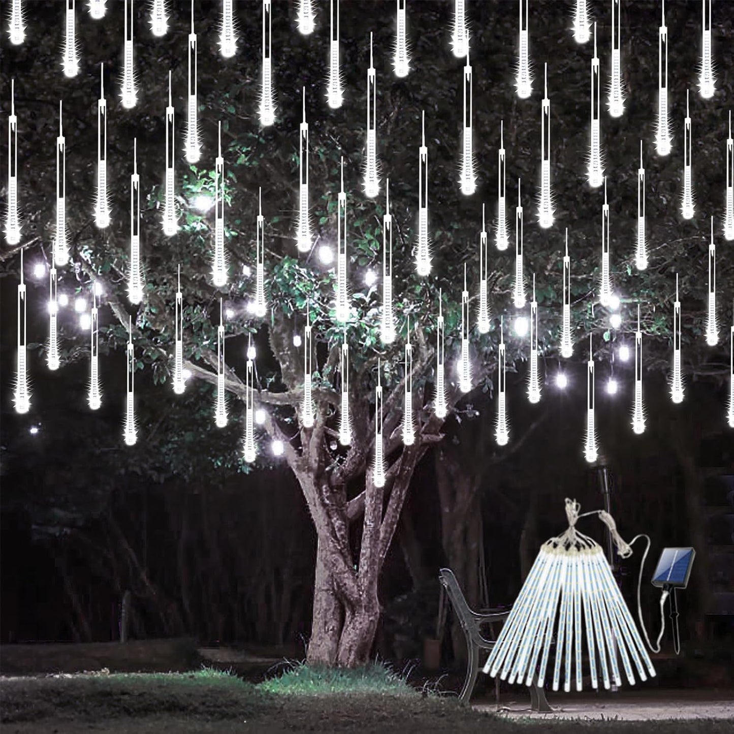 Solar Meteor Shower Lights, Solar Christmas Lights 16 Tubes 384 LEDs (Equivalent to 2 Sets of 8-Tube), Outdoor Waterproof Icicle String Light, LED Rain Drop Light for Tree Garden Decor (Cool White)