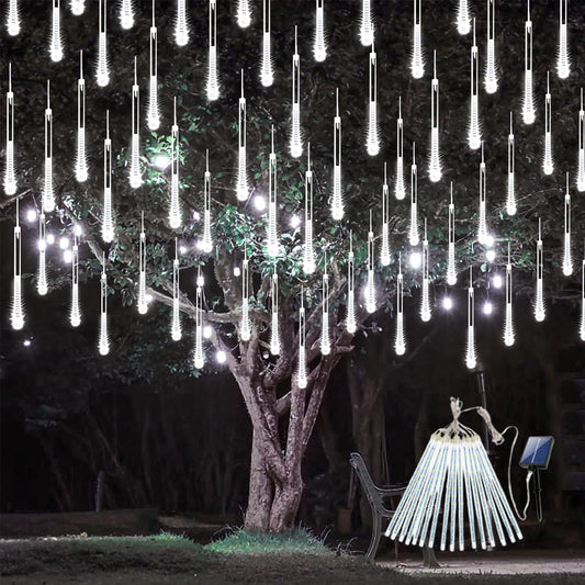 Solar Meteor Shower Lights, Solar Christmas Lights 16 Tubes 384 LEDs (Equivalent to 2 Sets of 8-Tube), Outdoor Waterproof Icicle String Light, LED Rain Drop Light for Tree Garden Decor (Cool White)