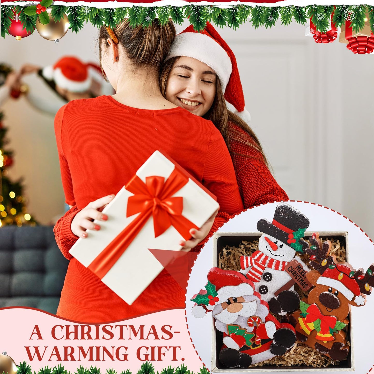 GlikCeil 3 Pcs Christmas Wooden Table Decorations Snowman Reindeer Santa Claus Centerpiece Block Holiday Wood Tiered Tray Tabletop Sign for Office Dining Room Mantle Home Party Supplies