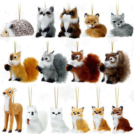 Skylety 15 Pieces Animal Ornaments, Woodland Faux Fur Animal Hanging Ornament Bulk Plush Simulation Fall Christmas Tree Decoration for Home Backpack Party Holiday