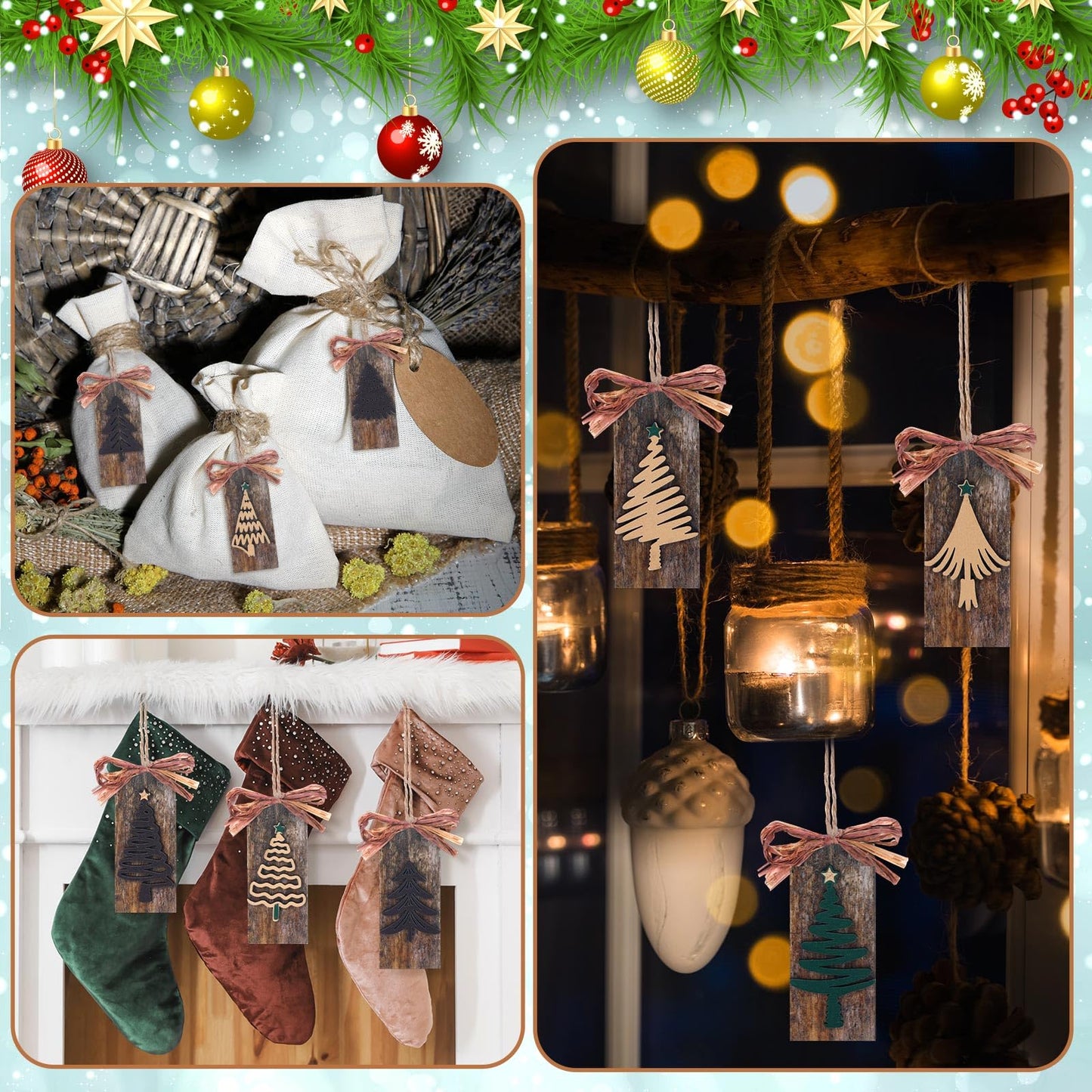 Civaner 24 Pcs Rustic Christmas Tree Ornaments Farmhouse Ornaments for Tree Natural Wooden Label Hanging Decorations for Home Office Fireplace Wreath Garland Winter Holiday Xmas Party Decor(Brown)
