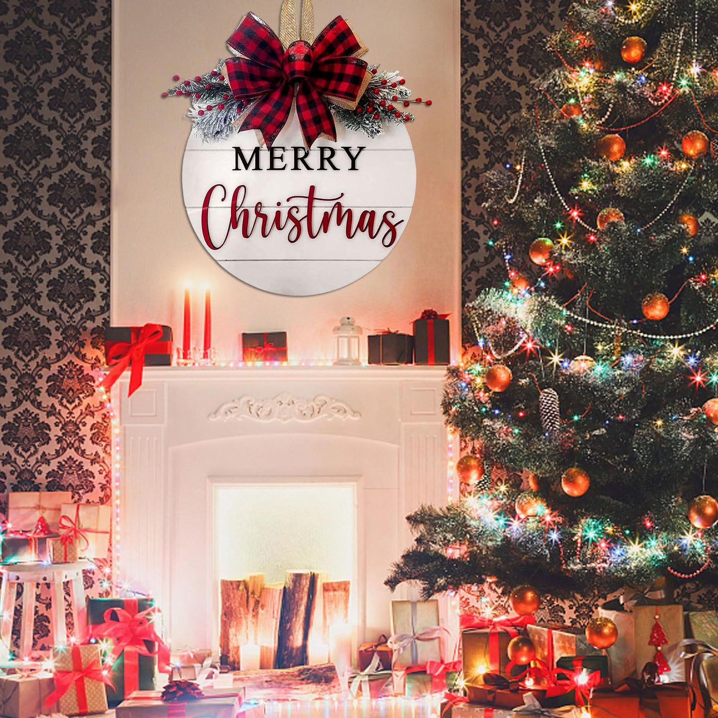 Merry Christmas Wreath Welcome Sign for Front Door, 11.8 inch Wooden Merry Christmas Sign for Holiday Rustic Farmhouse Front Door Porch Wall Window Outside Decorations (Merry Christmas-White)