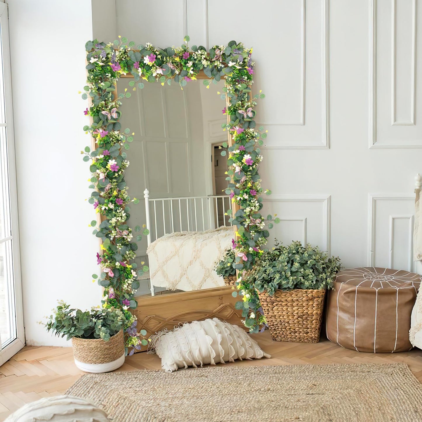 ASTNIC 2 Pack 5.68 FT Artificial Daisy Garland with 3D Butterfly, Hanging Fake Flowers Greenery Eucalyptus Garland Floral Vines for Wedding Table Home Room Sping Decor