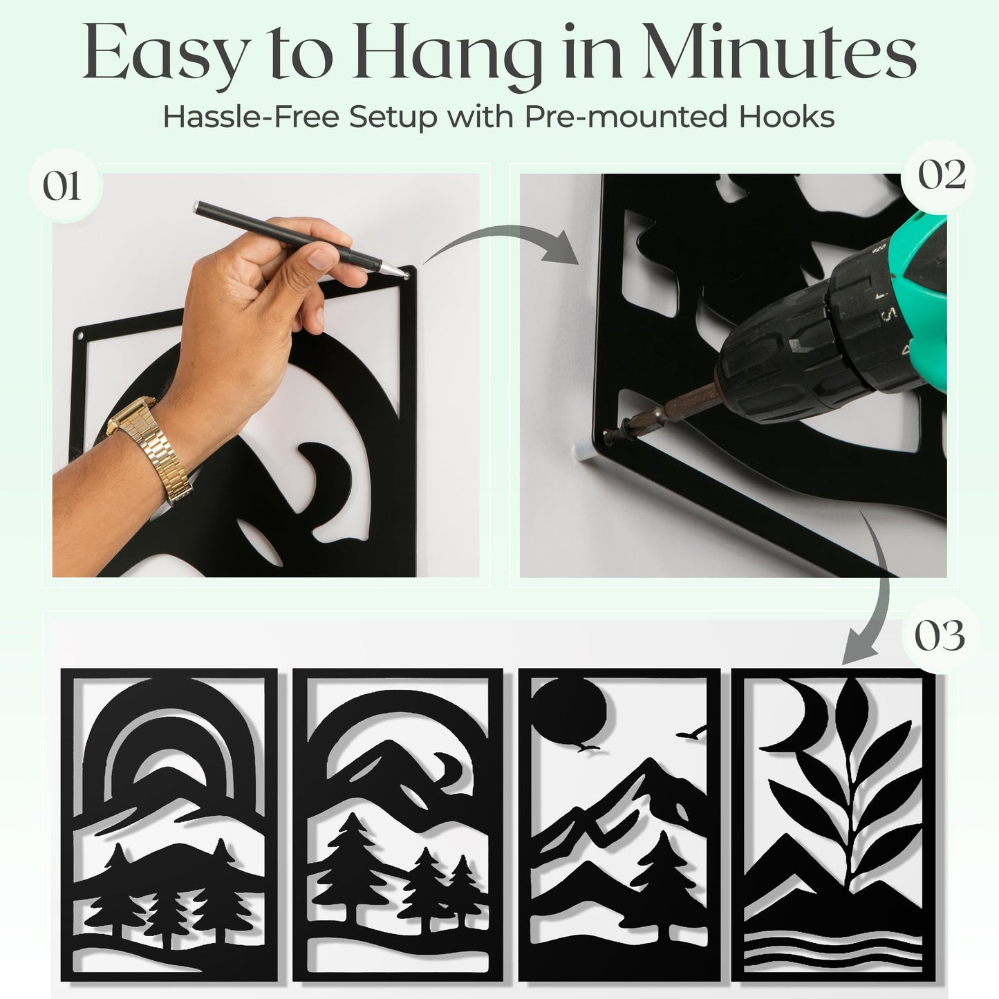 GALLERY GRACE Metal Wall Art Decor – 11" x 16" Set of 4 Abstract Landscape Panels for Living Room, Office, or Bedroom – Minimalist Single Line Black Wall Art with Mountains, Trees, and Sunrise