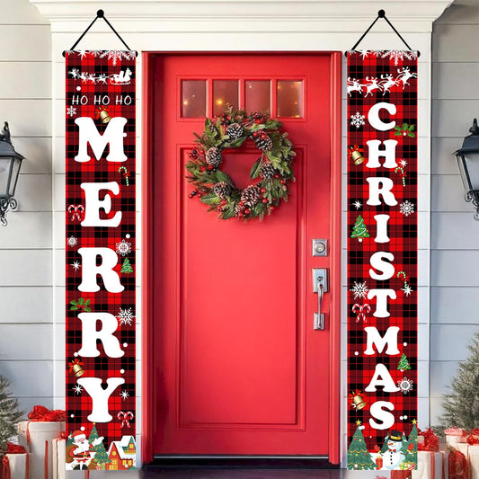 Christmas Decorations Outdoor Yard Front Porch Sign Set, Red Black Buffalo Plaid Door Banner, Hanging Merry Christmas Decorations for Home, Indoor Outdoor Xmas Decor Wall Front Door Yard Garage(Red)