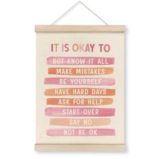 HRQKO It is Okay Pink Boho Poster Hanger Frame, Pink wall decor, Inspirational Posters Wall Art with Wooden Frames, Mental Health Wall Hanging Banner for Therapy Office Girls Room Nursery, 12x16 Inch