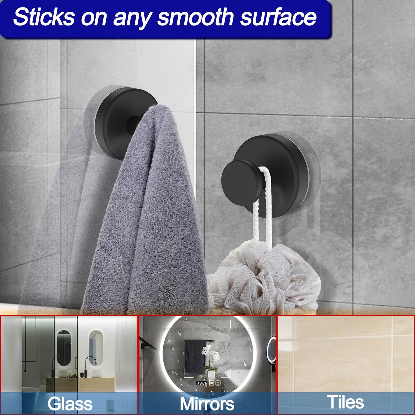 Bntuk Suction Cup Hooks for Door Wreaths, Vacuum Suction Wreath Hanger for Front Door Window Glass, Bath Robe Looafh Shower Hooks for Inside Shower - 2 Pack, Black