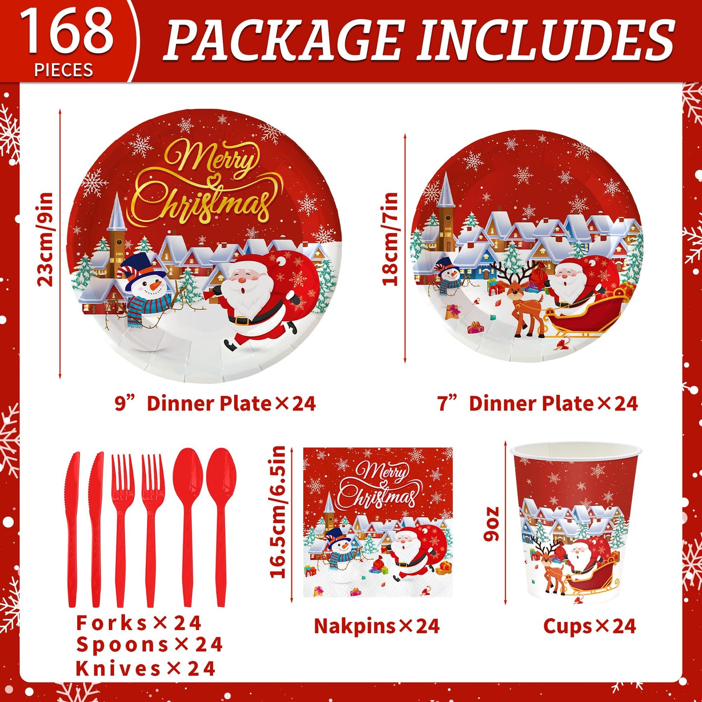 Nisdfeal168 Pcs Premium Christmas Party Tableware Set Santa & Snowman Themed Disposable Plates, Napkins, Cups, Cutlery for 24 Guests | Holiday Dinnerware for Festive Gatherings