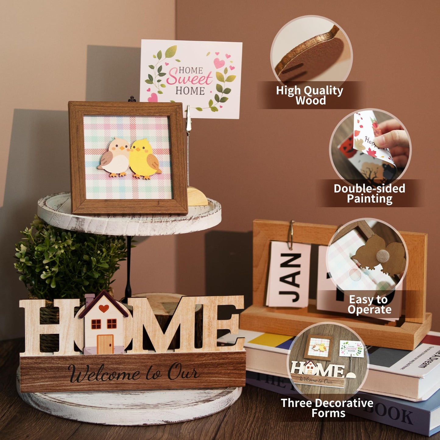 GAGILAND 48 Pcs Mother's Day Bee Day Tiered Tray Decor Summer Father's Day Interchangeable Seasonal Home Decor Wooden Signs 17 Themes Tiered Tray Decorations Set Year Round Holiday Decoration for Home