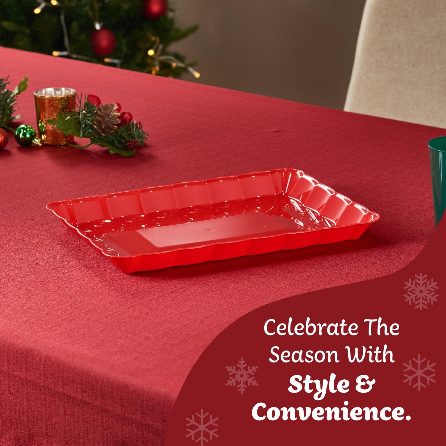 Plasticpro Plastic Serving Trays - Serving Platters Rectangle 9X13 Disposable Party Dish Includes 4 Red Christmas Trays