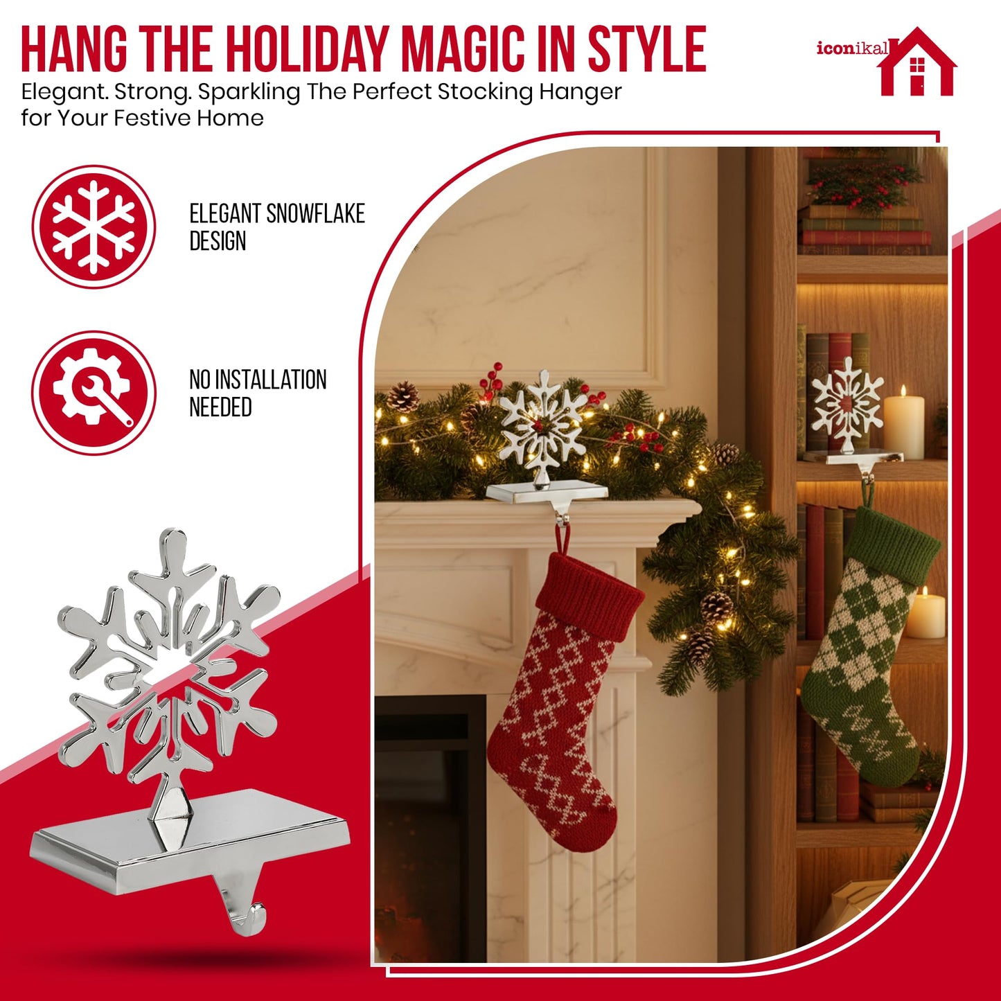 Iconikal 4-Pack Stocking Holders Christmas Chrome Metal Snowflake Weighted for Mantle, Holiday Fireplace Hangers