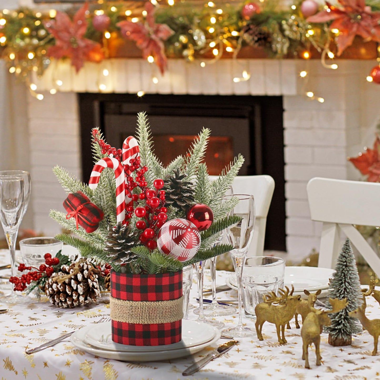 Super Holiday Small Winter Buffalo Check Plaid Christmas Tree, Artificial Mini Tabletop Christmas Tree Decorations with Xmas Ornaments, for Home Party Thankgivings Decor, Red/Black-Indoor