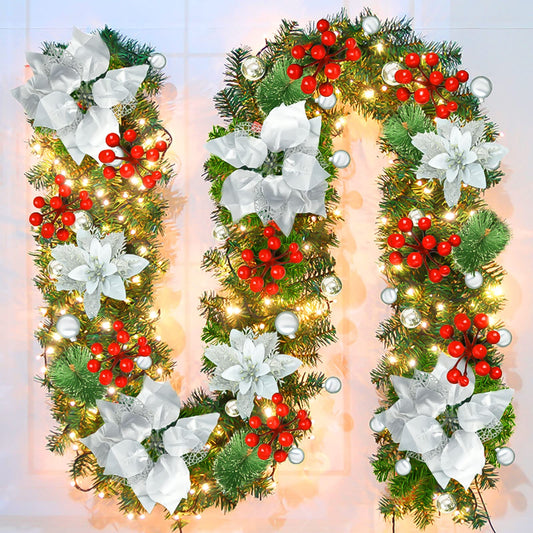 Pre-lit Artificial Christmas Garland, Green Rattan with Silver Flower Decorations and Battery Operated LED Lights for Home Stairs Fireplace Front Porch Door Display Indoor Outdoor Christmas Decor -9FT