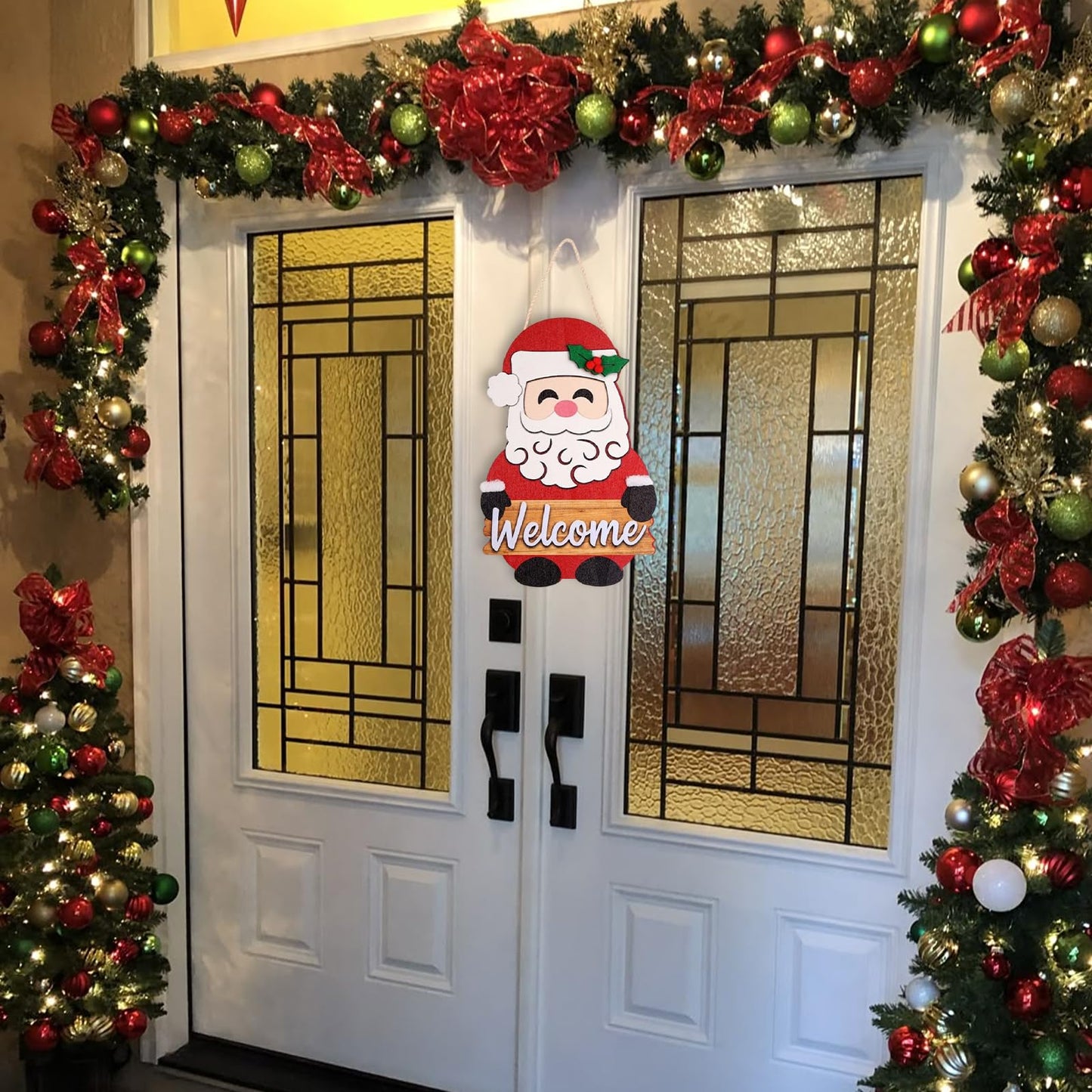 Christmas Welcome Sign - Santa Claus Christmas Door Hanger - Winter Wooden Decor for Tree, Front Door, Porch, Wall, Party Decorations