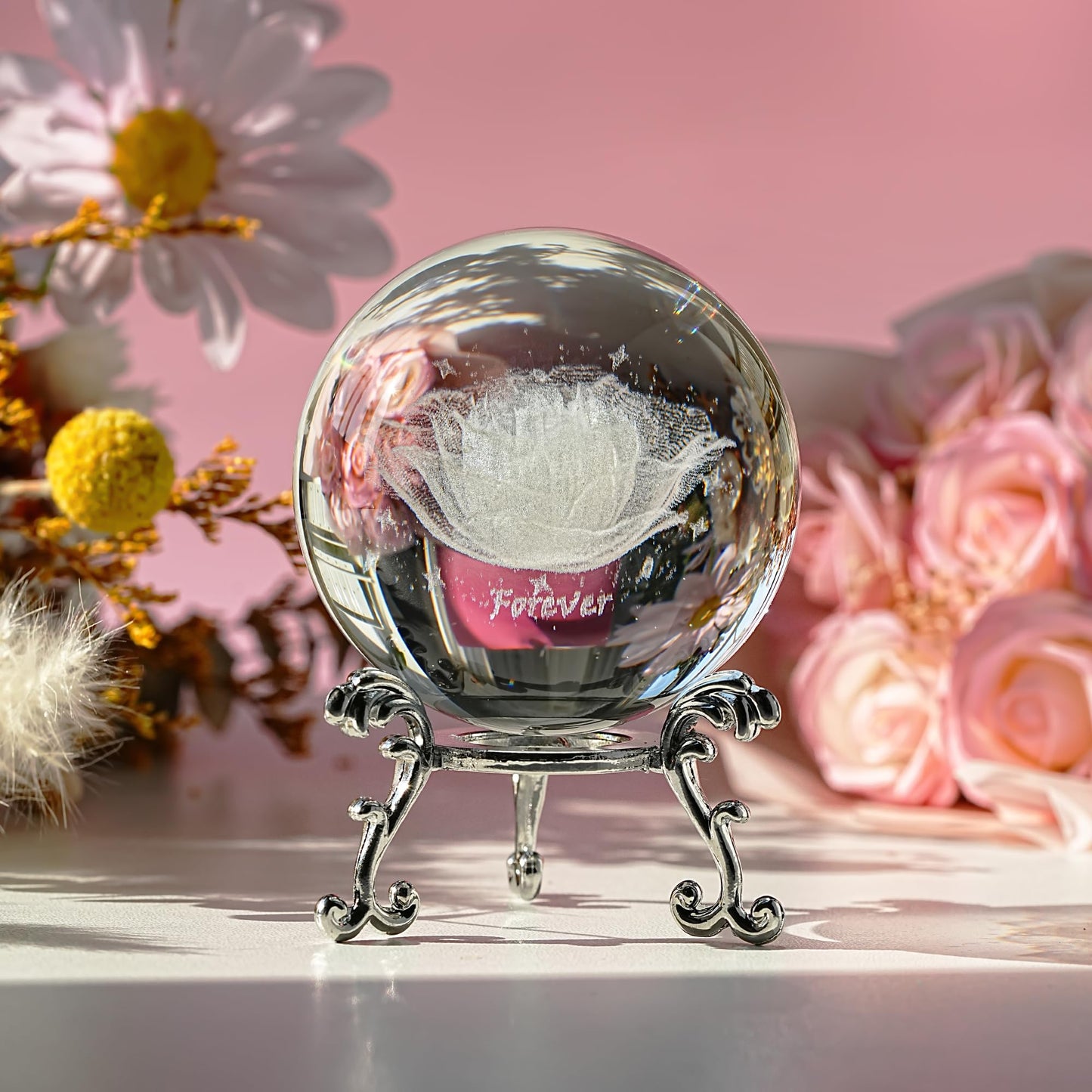 HDCRYSTALGIFTS 60mm 3D Inner Engraved Rose Flower Crystal Ball Paperweight with Sliver Stand Glass Sphere Rose Figurines Collectible Fengshui Decorative Ball Home Decor Gifts