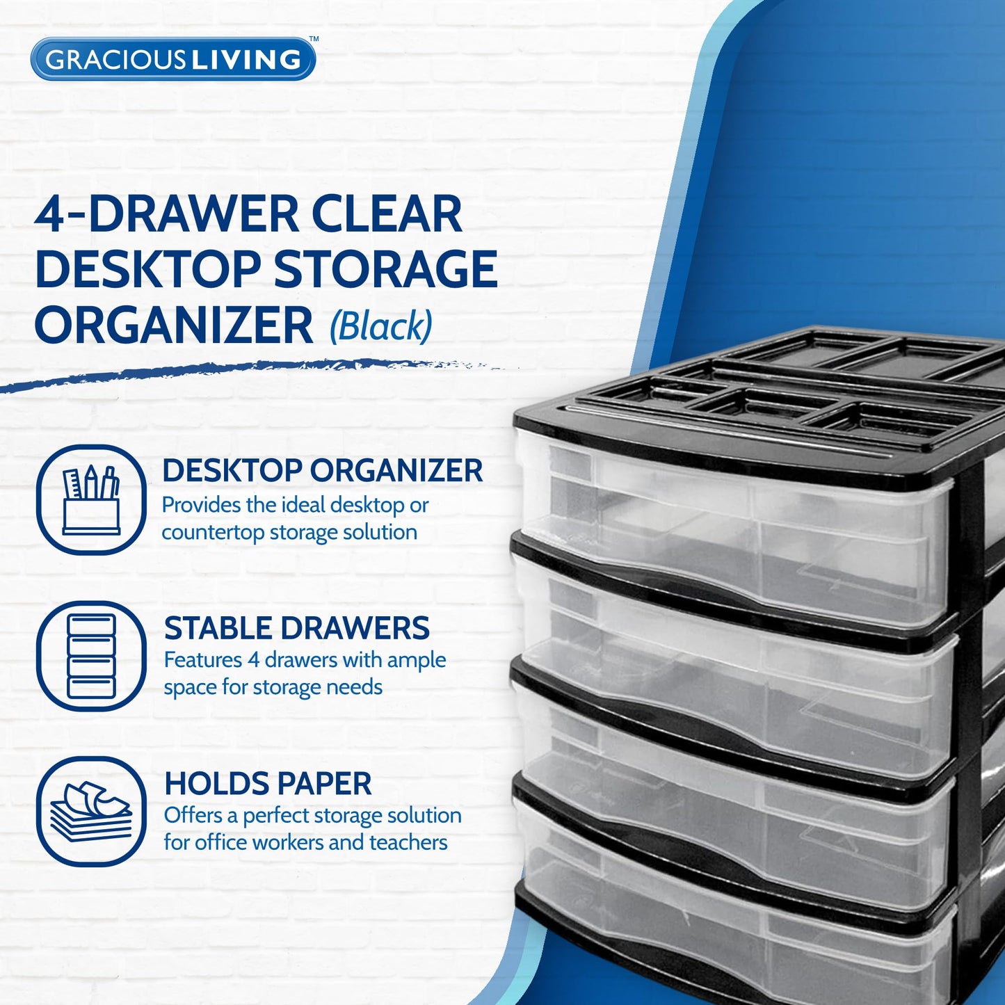 Gracious Living 4-Drawer Desktop and Countertop Storage Organizer Drawer Set, Plastic Office Desk Organizer, Black/Clear