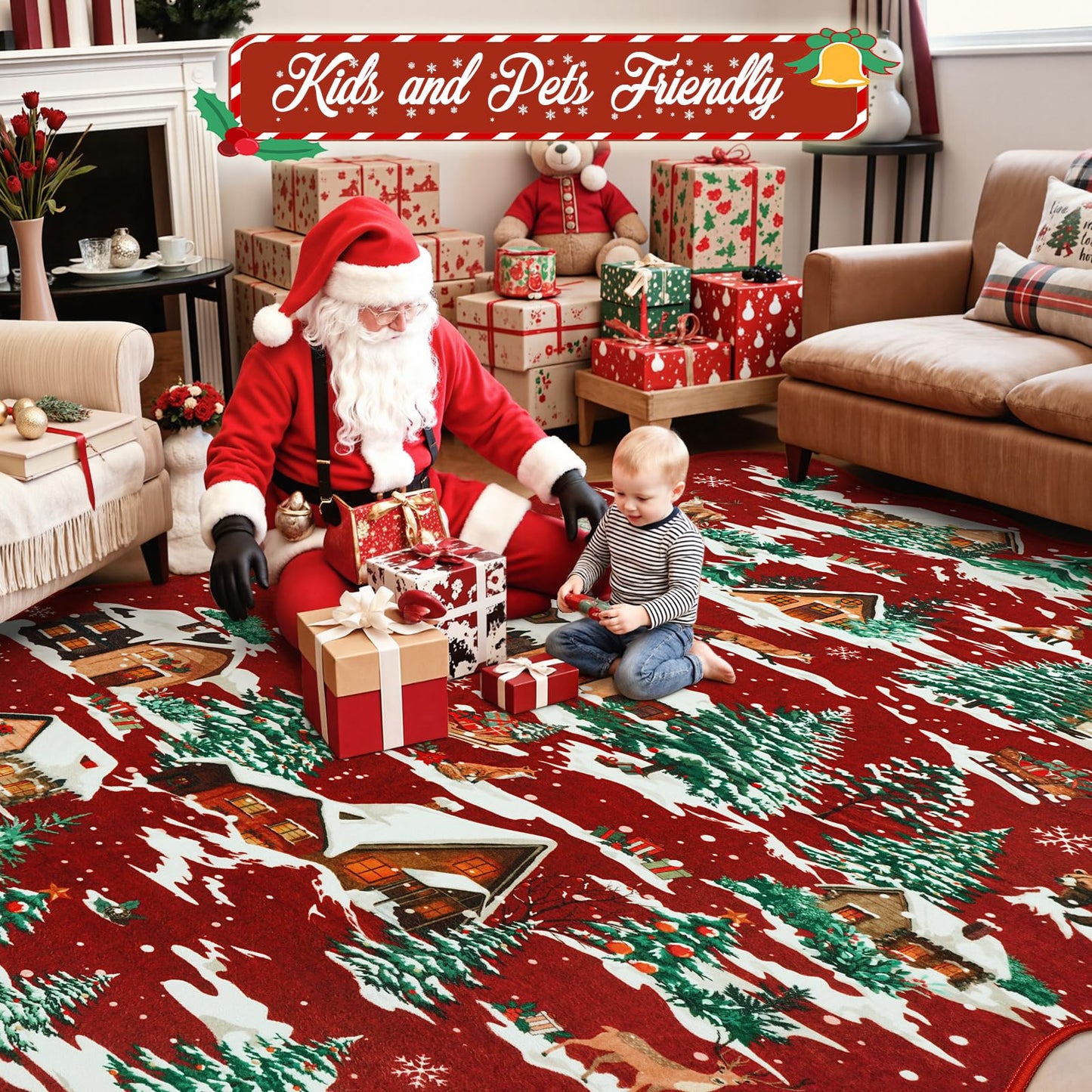 LIVEBOX Christmas Runner Rug Runners for Hallways, 2x6 Red Washable Kitchen Rugs Non Slip, Xmas Christmas Tree Rug for Entryway, Runner Carpet Kitchen mat for Bathroom Bedroom Laundry Holiday Decor
