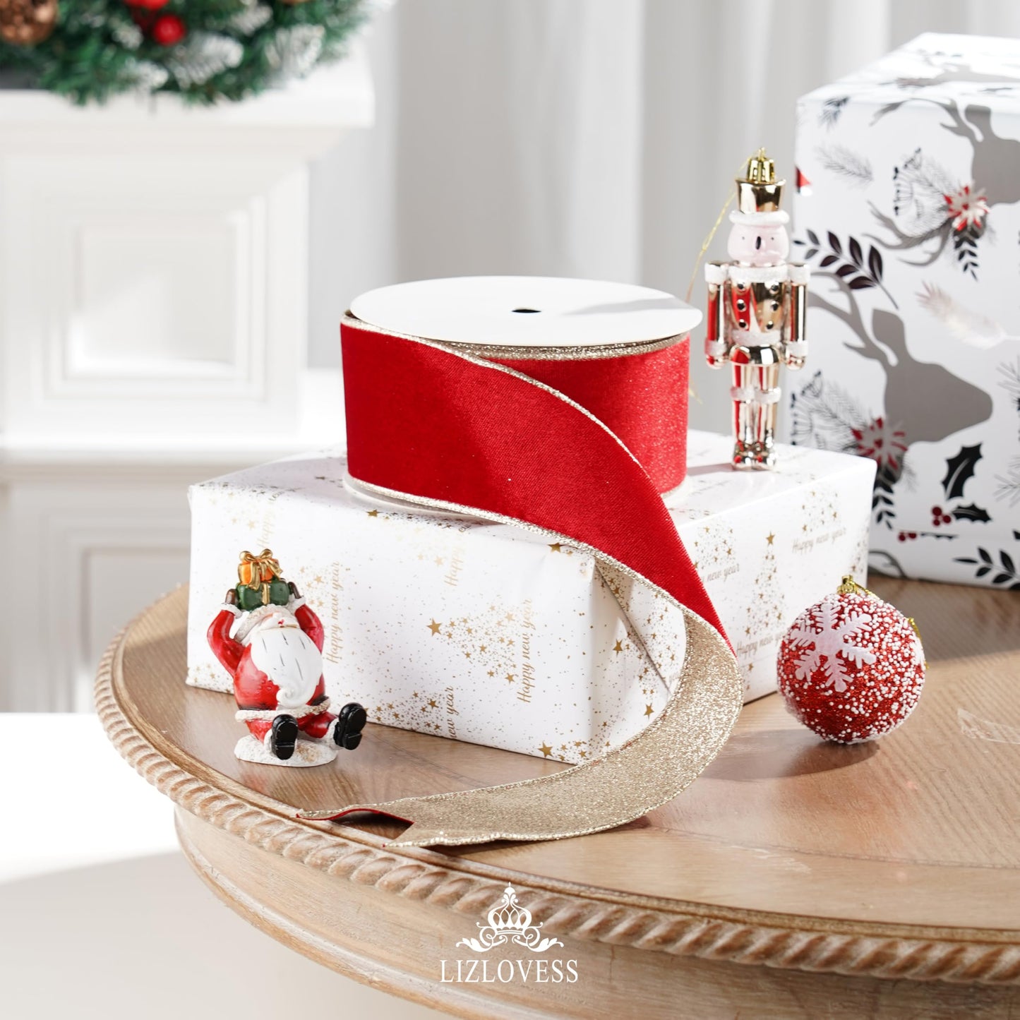 LIZLOVESS Red Velvet Wired Ribbon with Glitter Back 2.5 Inch Red and Gold Christmas Ribbon Wired Ribbon for Christmas Tree, Gift Wrapping, Mantel, Wreaths Supplies, Topper Bows (10 Yards)