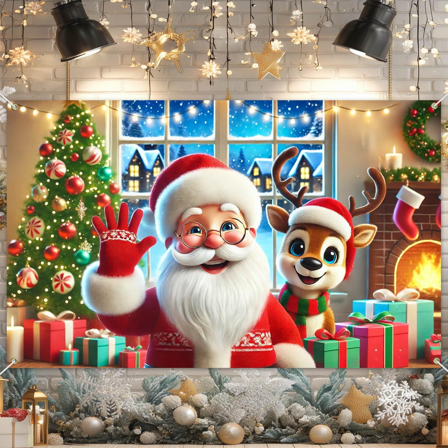 BlissYard Christmas Holiday Backdrop Santa Claus Reindeer Gifts Fireplace 71x43 Inch Photography Background Banner for Winter Party Decorations Cozy Event Home Decor Large Photo Booth Prop