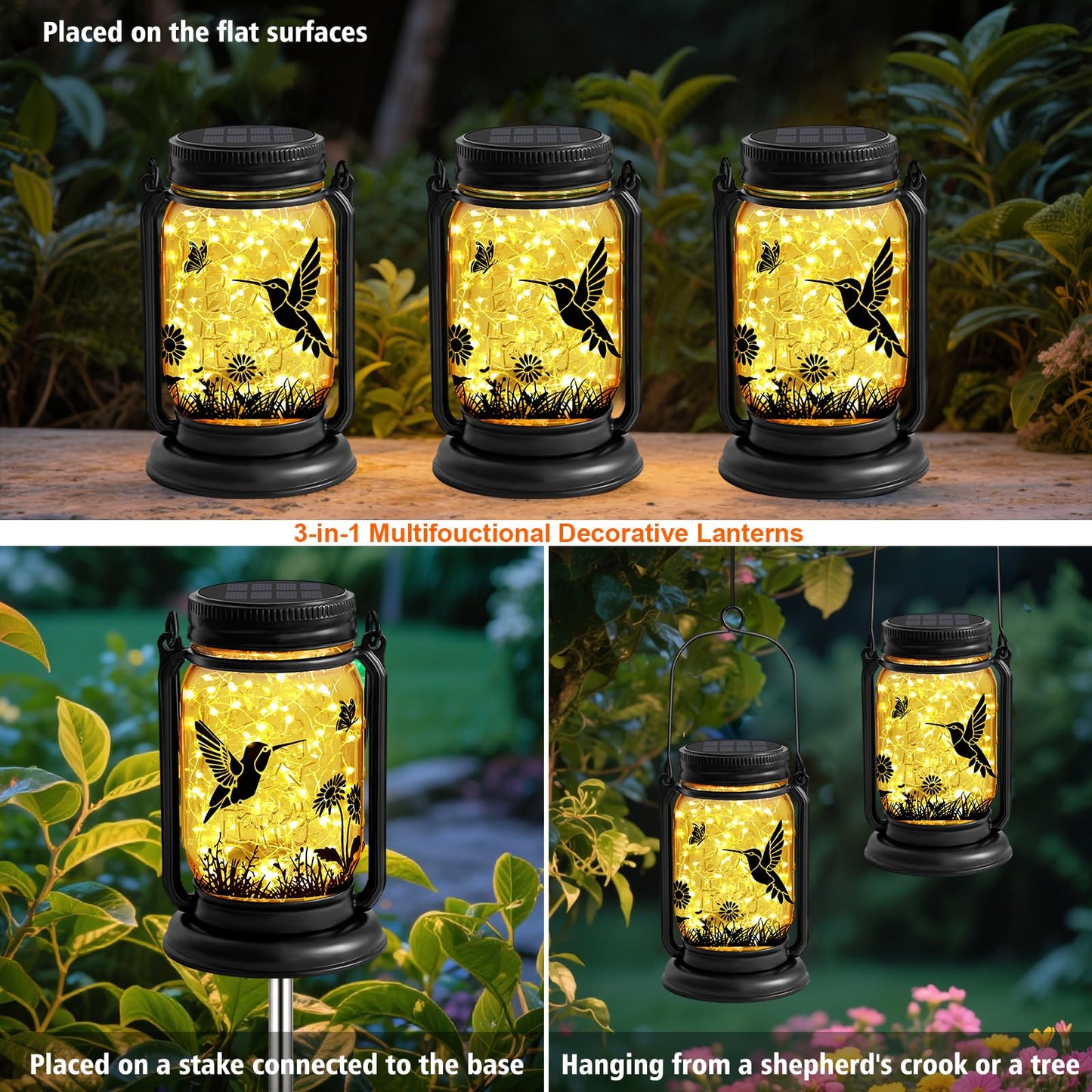 ANGMLN Hummingbird Solar Lanterns Outdoor Waterproof -Gifts for Women Mom Grandma Birthday, Mothers Day, Mason Jar Hanging Lights for Patio, Yard, Porch, Balcony, Garden Decor