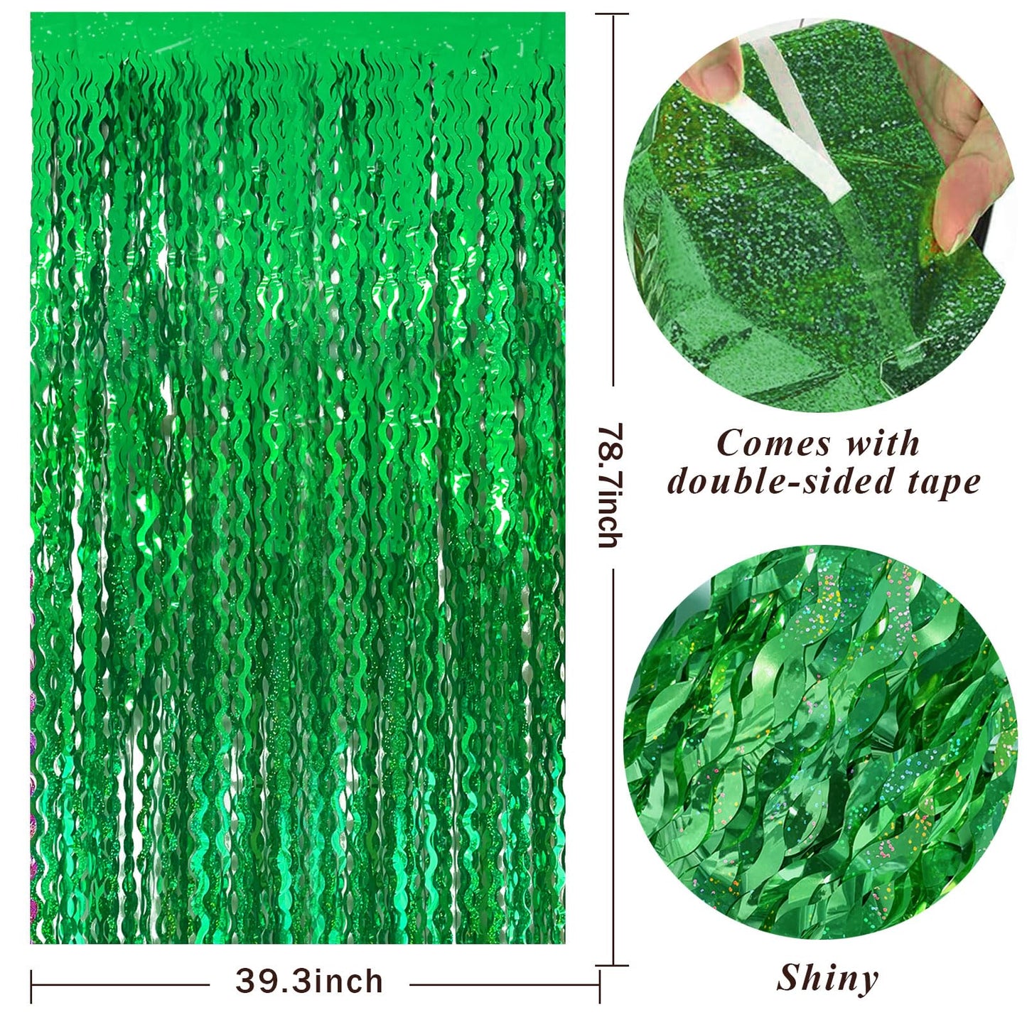 Green Tinsel Foil Fringe Curtains Wavy Backdrop for Party Sparkle Metallic Wavy Streamers Photo Booth Props for Birthday Dinosaur Animal St Patrick's Day Football Christmas Party Decorations