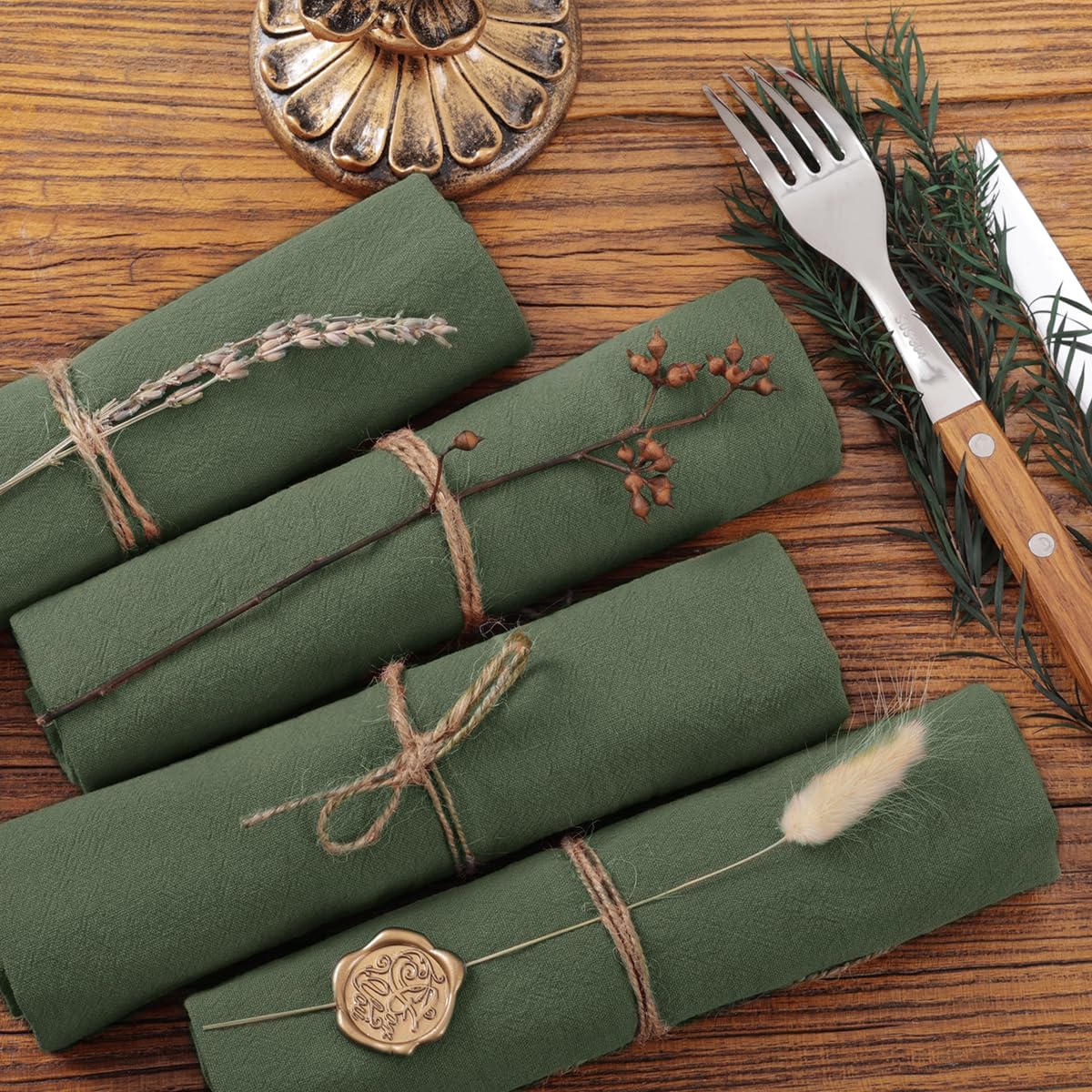 Socomi Cloth Napkins Green Fall Thanksgiving Washable Reusable Bulk Linen Cotton Napkins Set of 4 17"x17" for Wedding Party Bridal Baby Shower Birthday Dining Table Decorations