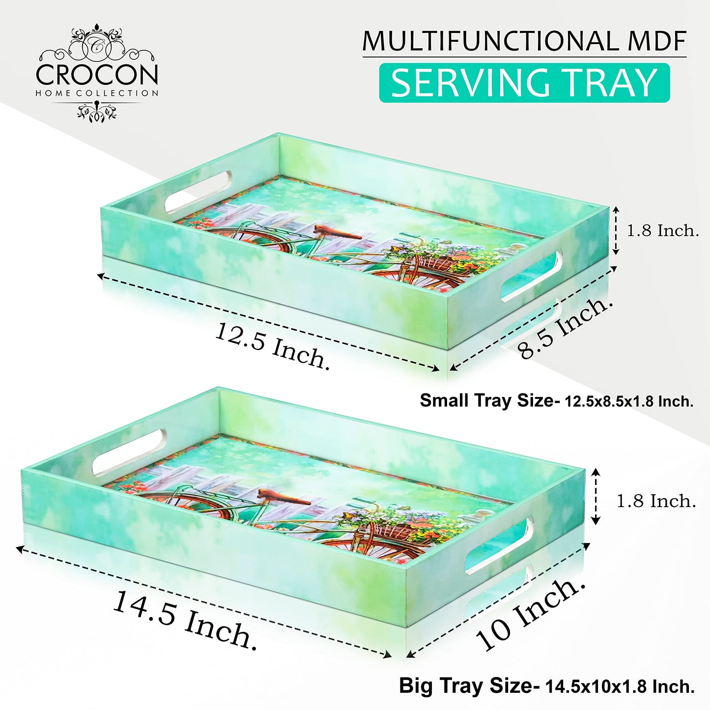 Crocon Wooden Serving Tray with Handles – Set of 2 Rectangular Trays – Cycle Print Decorative Trays for Coffee Table, Kitchen, and Home Décor