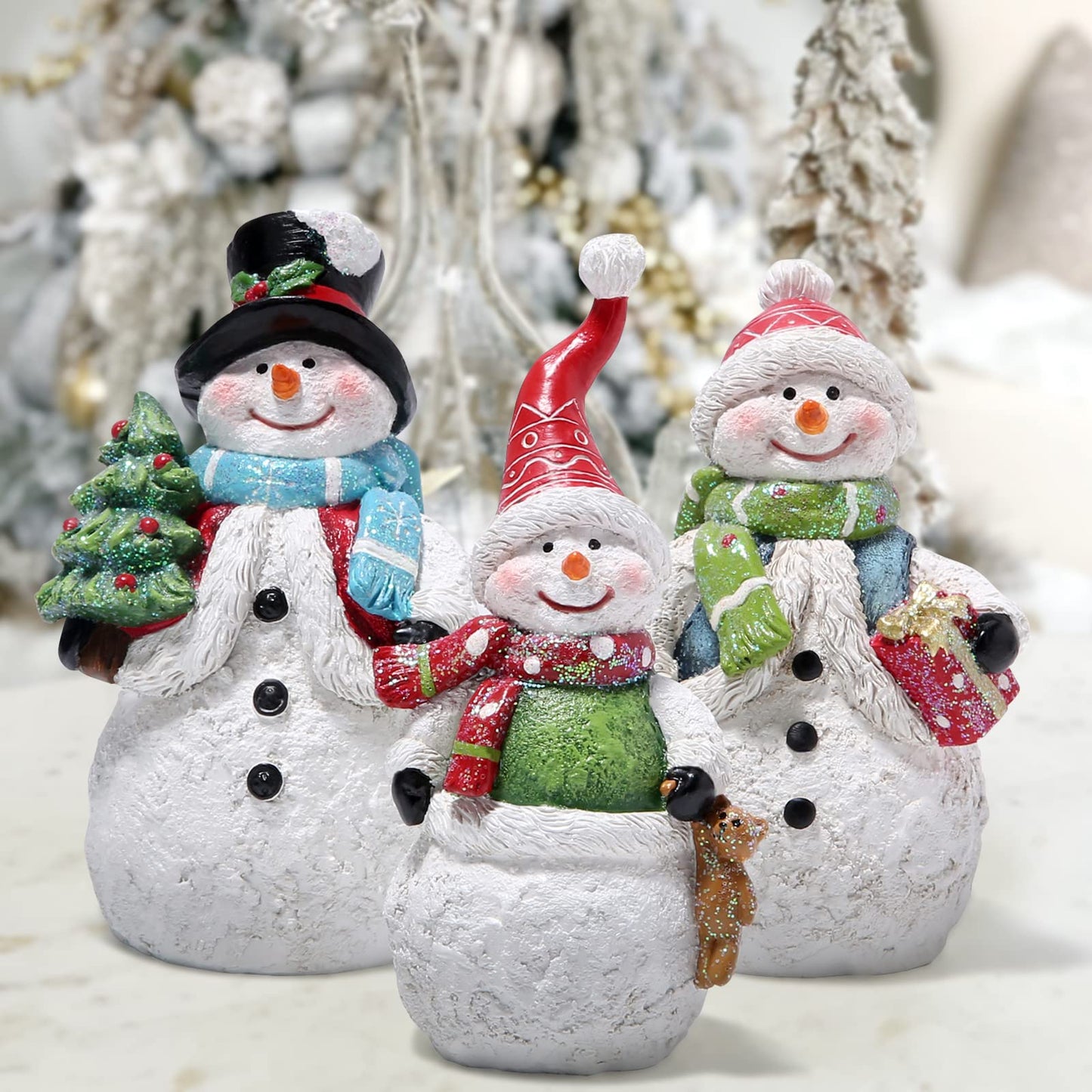 Hodao Snowman Figurines Set of 3, Hand-Painted Resin Christmas Ornaments, Indoor Home Decor for Mantel, Shelf & Tiered Tray, Glitter Accents, Gift-Ready Holiday Decorations
