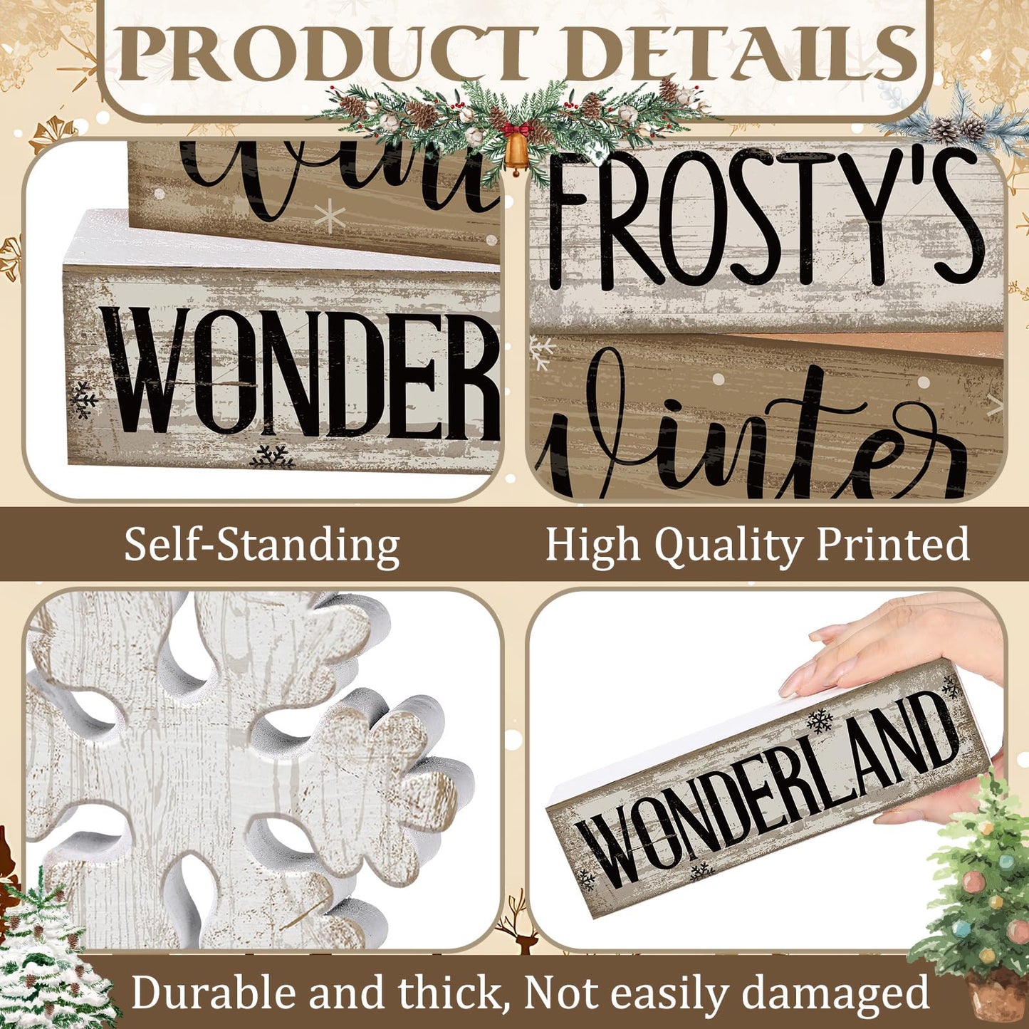 Lineshading 4 Pcs Winter Table Decorations Wooden Snowflake Decor Winter Tiered Tray Decor Rustic Snow Block Signs Gift Farmhouse Snowflake Table Centerpiece for Wonderland Party Kitchen Home
