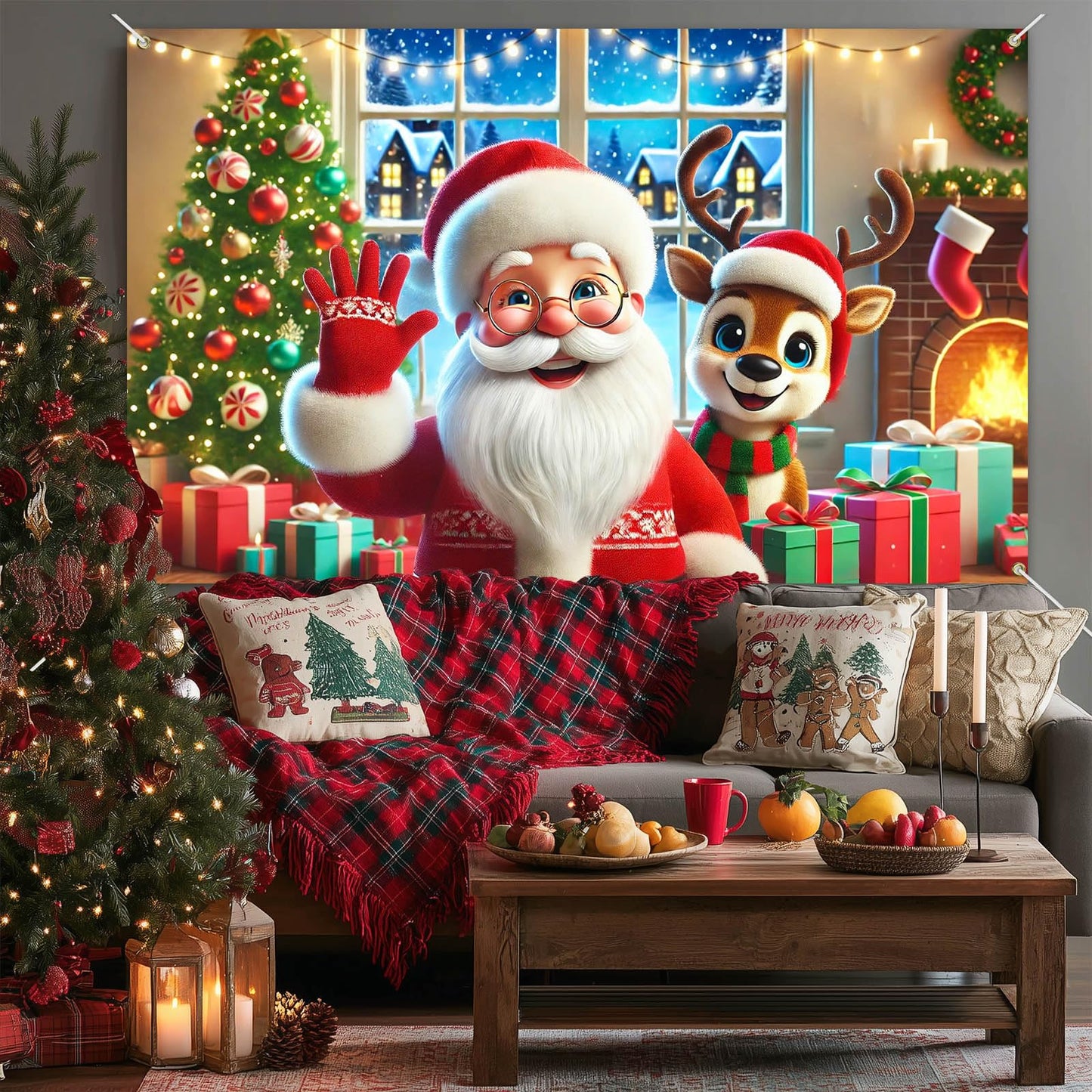 BlissYard Christmas Holiday Backdrop Santa Claus Reindeer Gifts Fireplace 71x43 Inch Photography Background Banner for Winter Party Decorations Cozy Event Home Decor Large Photo Booth Prop