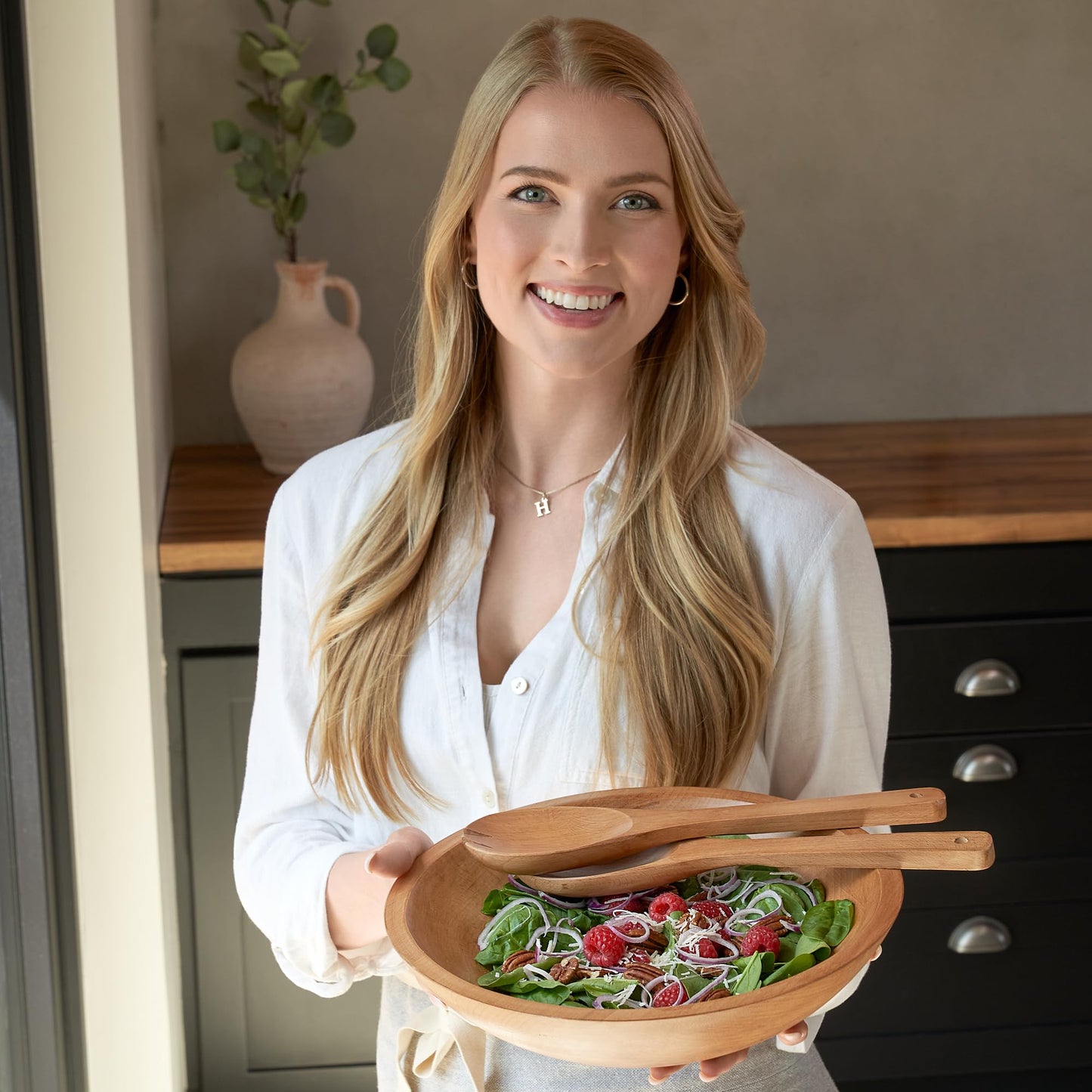 Extra Large Wooden Salad Bowl Set With Serving Utensils - A Beautiful Party Salad & Fruit Bowl With Serving Spoons Perfect for Your Dinner Party - Decorative & Practical Kitchen Must-Have