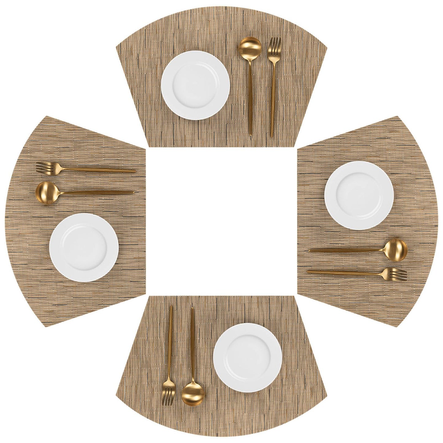 SHACOS Wedge Shape Placemats Set of 4 Woven Vinyl Placemat for Round Table Curved Place Mats Wipe Clean Kitchen Dining Table Mats (4, Tan)