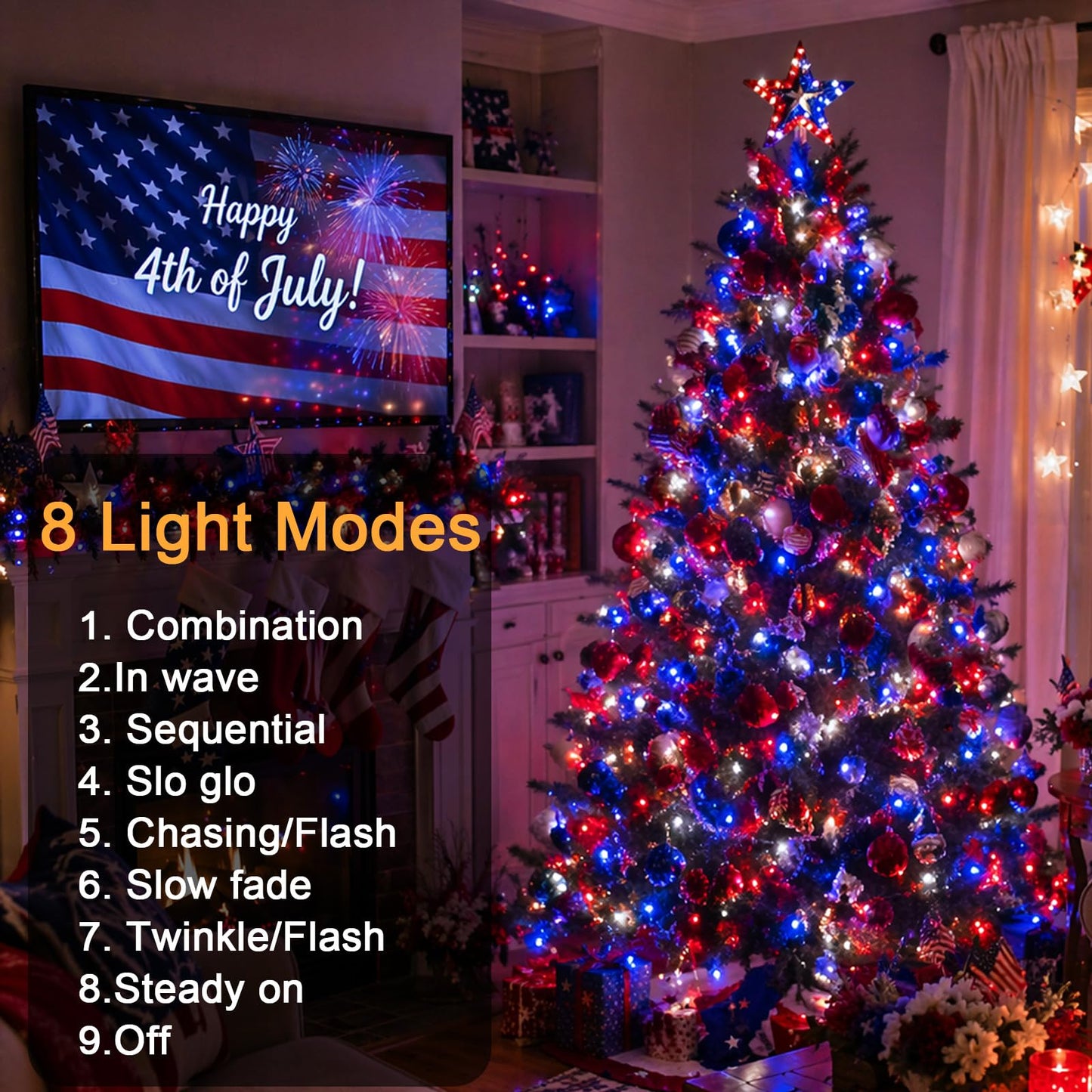 Couah 2 Pack 100 LED 38.4FT Red White and Blue Lights Battery Operated, Patriotic 4th of July Lights 8 Modes-Timer Indoor Outdoor Party Patriotic Memorial Day Independence 4th of July Decorations