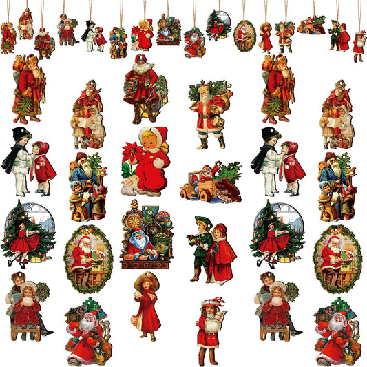 Sawysine 48 Pcs Vintage Wooden Christmas Ornaments, Retro Xmas Decorations Bulk Santa Claus Hanging Ornaments for Christmas Tree(Cute Style)