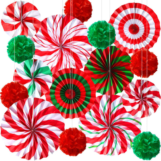 Outus 21 Pcs Christmas Candy Hanging Paper Fans Peppermint Christmas Banners Xmas Classroom Ceiling Decorations Tissue Poms Honeycomb Ball Ornaments for Birthday Wall Decor Supplies(Classic)
