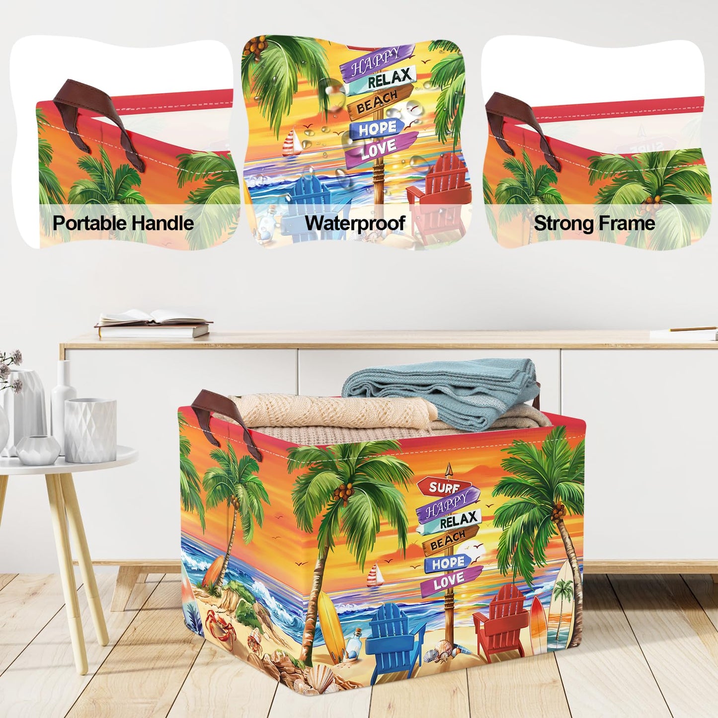 Clastyle Summer Beach Towel Storage Basket Palm Tree Lounger Kid Gift Toy Box Baby Laundry Hamper Collapsible Large Clothes Organizer Nursery Bin for Outdoor, Seashores, 40 * 30 * 30 cm